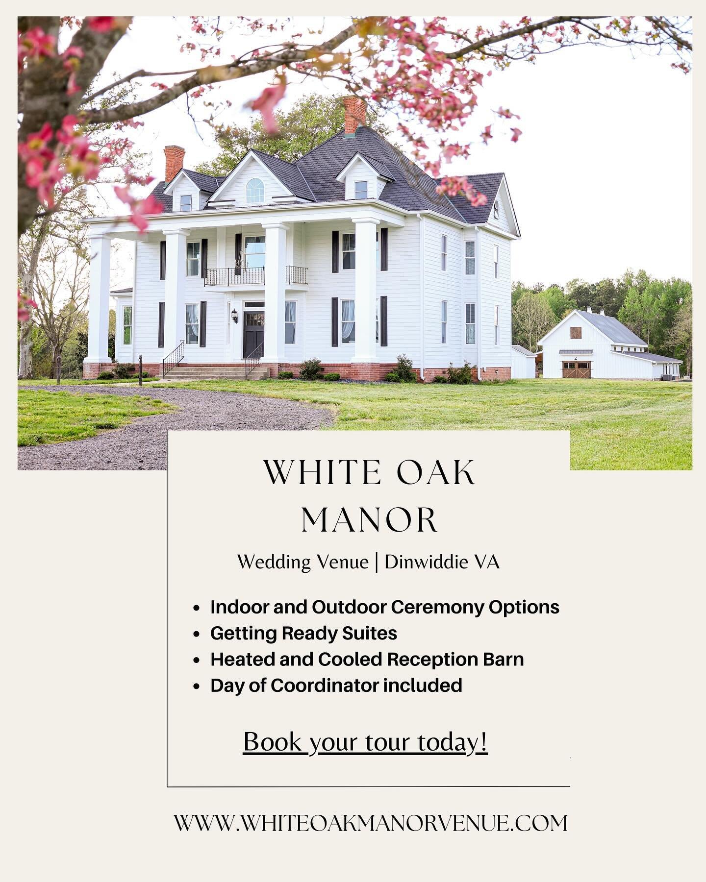 We are loving this spring weather and it is the perfect time to come tour our beautiful venue! 
Book your tour today at www.whiteoakmanorvenue.com 

#whiteoakmanorweddings #virginiaweddingvenue #chapelvenue #barnvenue #virginiaweddings #outdoorweddin