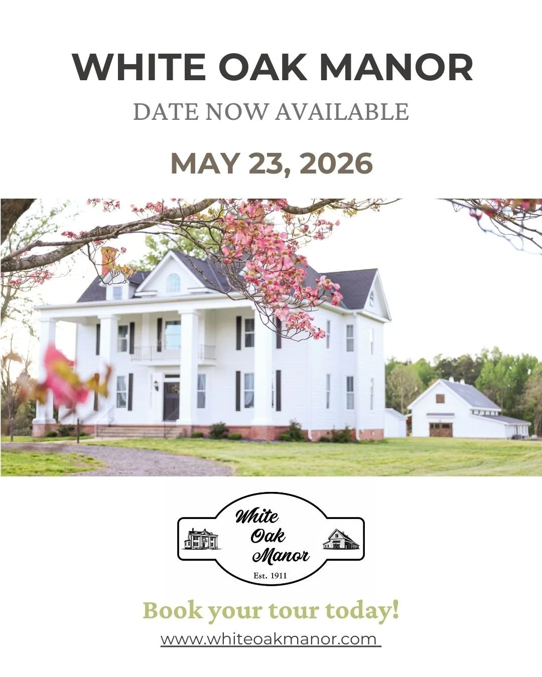 📅 May 23, 2026 &ndash; Now Available 

If you&rsquo;ve been dreaming of a late-spring wedding surrounded by beautiful scenery and timeless charm, this could be your date! 

Your dream date is officially up for grabs, but not for long! Come tour the 