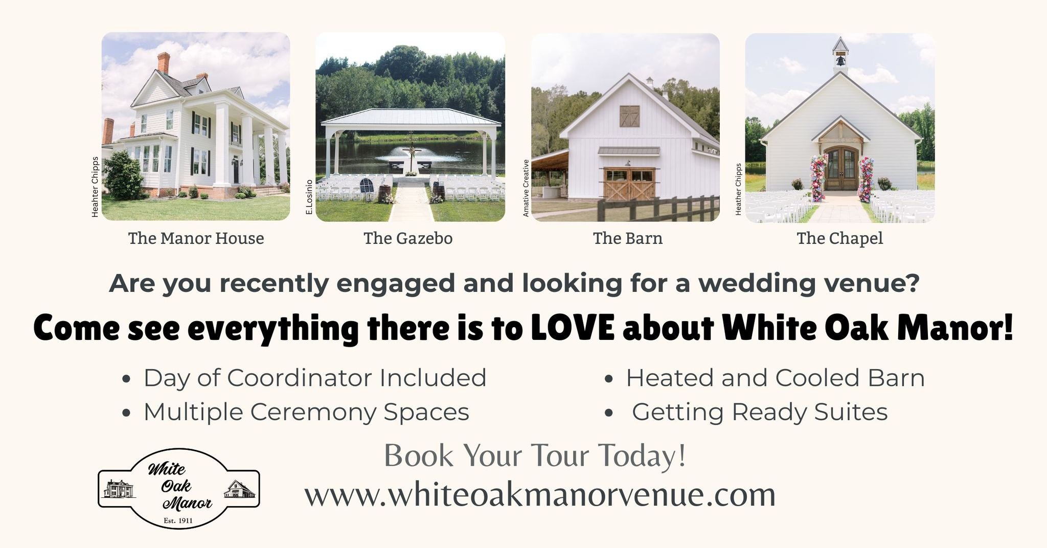 Now is the perfect time to tour for your 2027 wedding! 
Schedule your tour today at https://www.whiteoakmanorvenue.com/schedule-a-venue-tour
