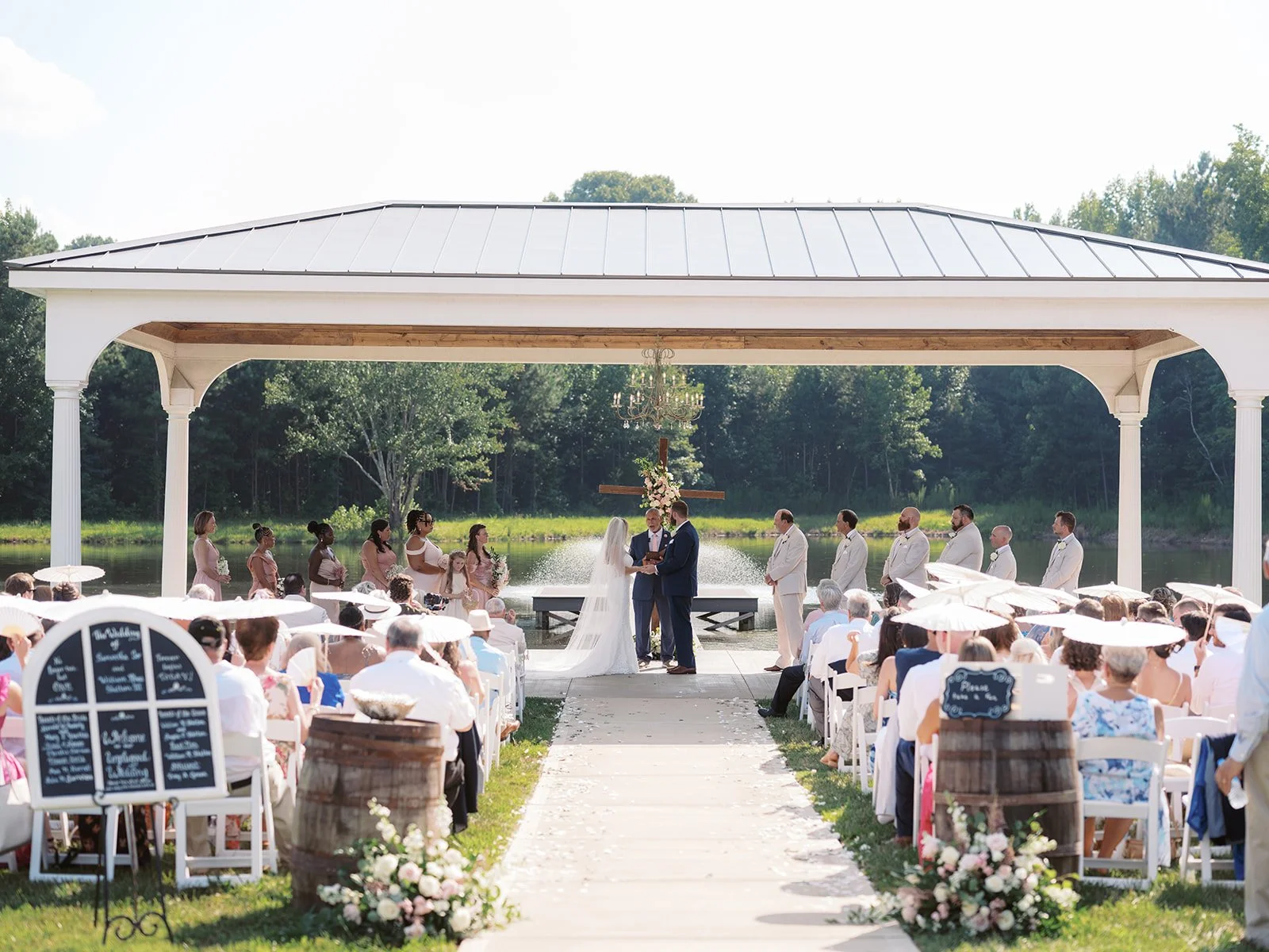 Outdoor wedding ceremony with a bride and groom standing under a floral cross, surrounded by bridesmaids and groomsmen, with guests seated under umbrellas on a sunny day by a lake.
