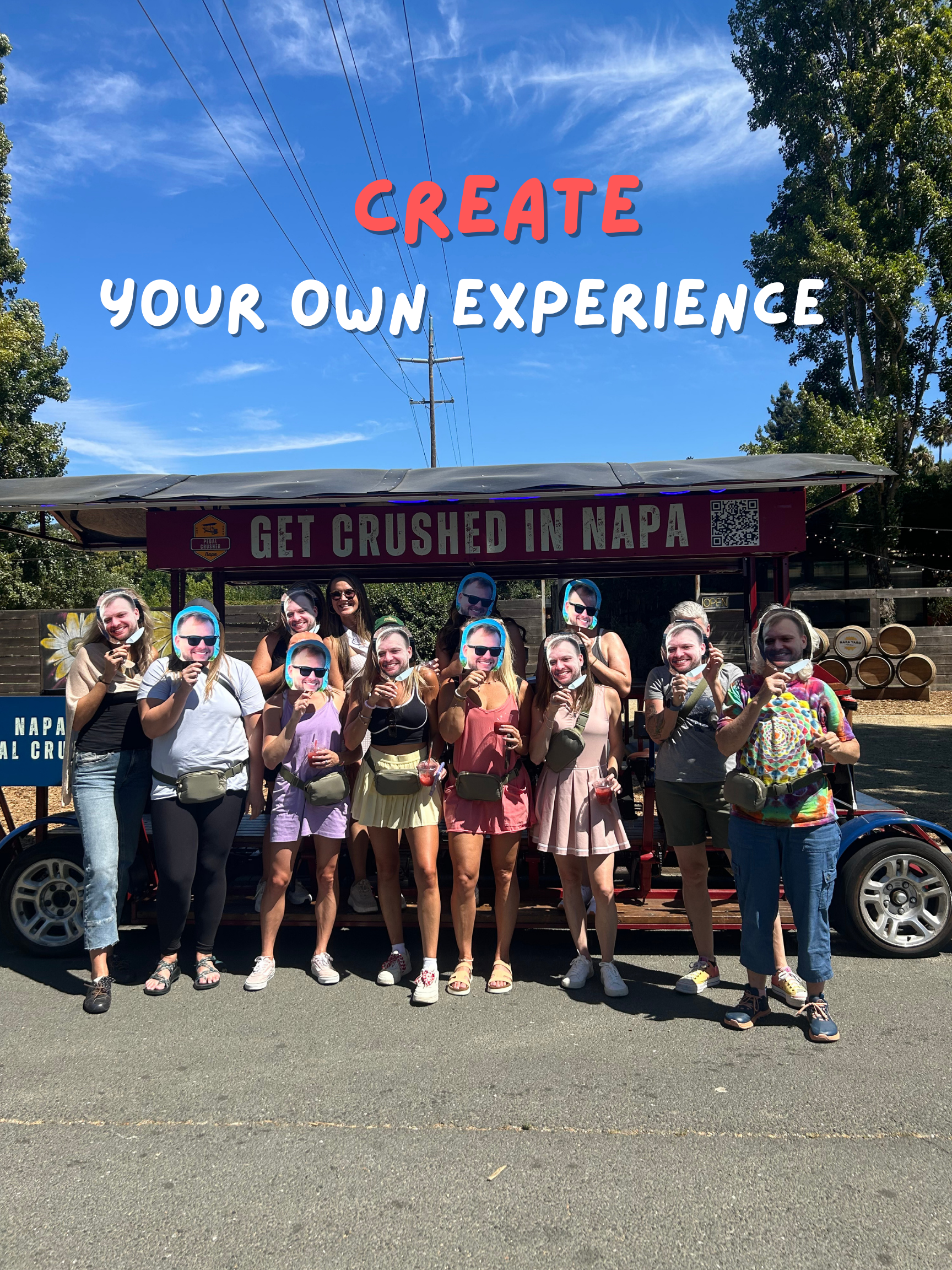 Group of people with caricature faces at a Napa winery tour, standing in front of a purple cart with 'Get Crushed in Napa' sign, under a clear blue sky with trees.