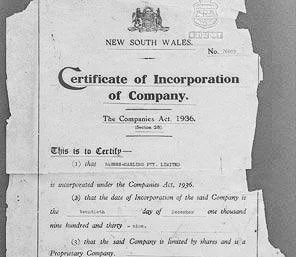 A historic Certificate of Incorporation of a company from New South Wales, dated 1936, printed on aged paper with official seals and signatures. Barnes Darling, Luxaflex Wollongong