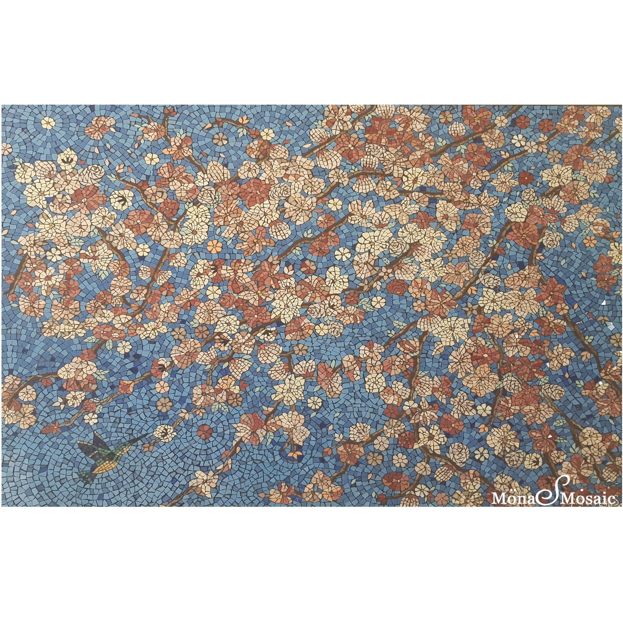 Cherry Blossom tree mosaic flowers mosaic tile wall mural with a humming bird mosaic