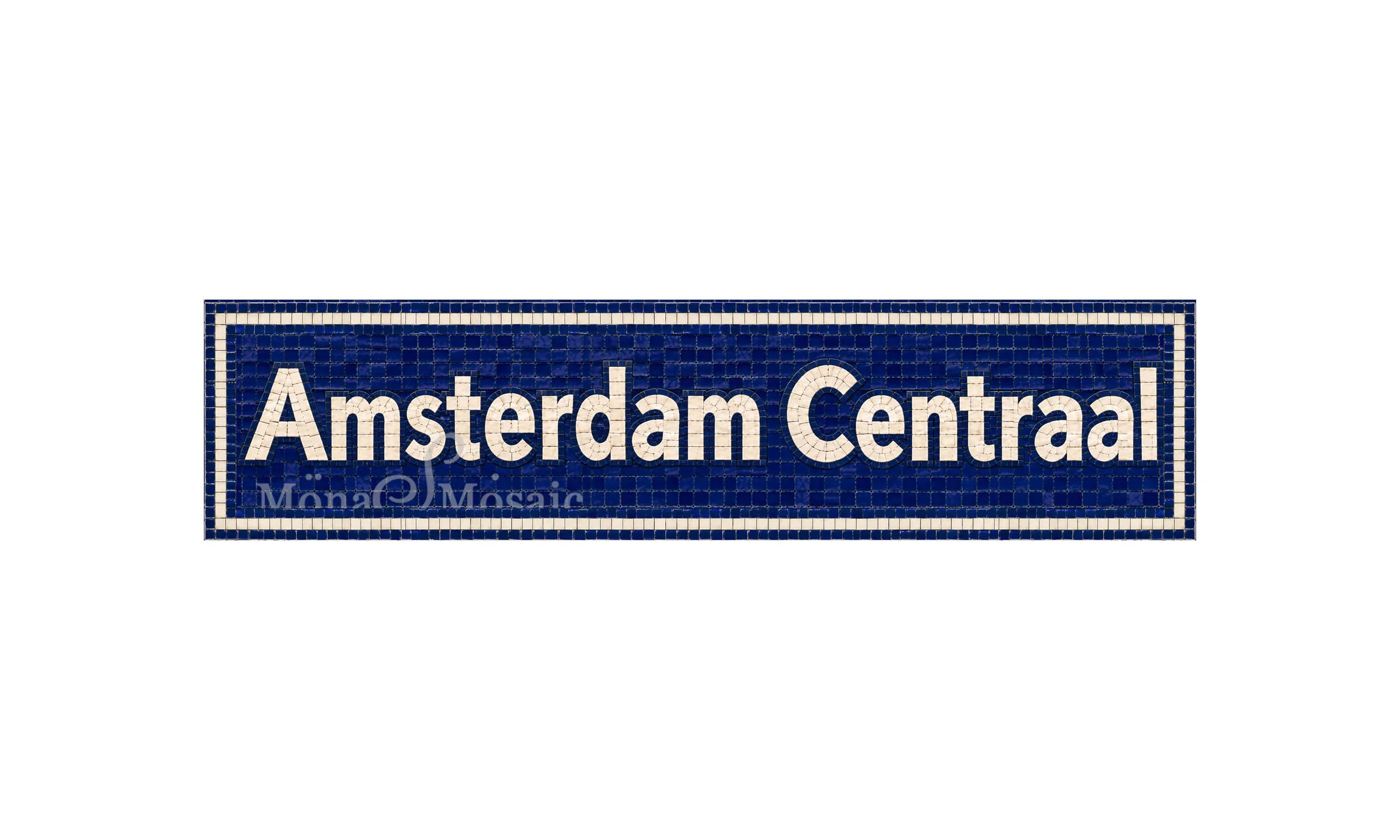 Amsterdam Centraal custom hand-cut tile mosaic sign measuring 62 x 14 inches, featuring ivory-white subway-style lettering on a navy blue square tile background with subtle tile outlines.