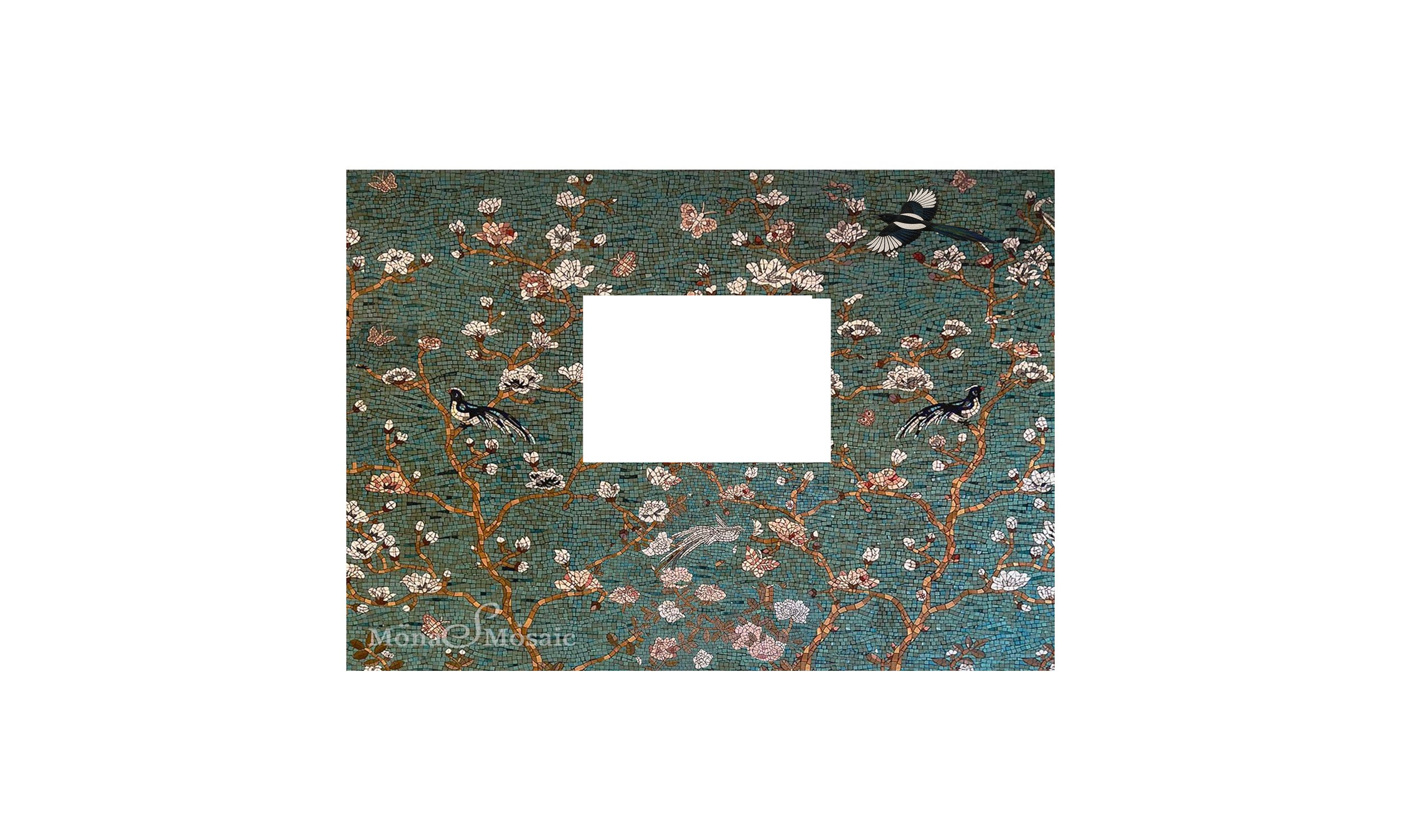 Magnolia Blossom & Songbird Mosaic Wall Mural – Hand Cut Tile Art with Architectural Window Opening – Custom Floral Mosaic Feature Wall – Luxury Garden Inspired Design
