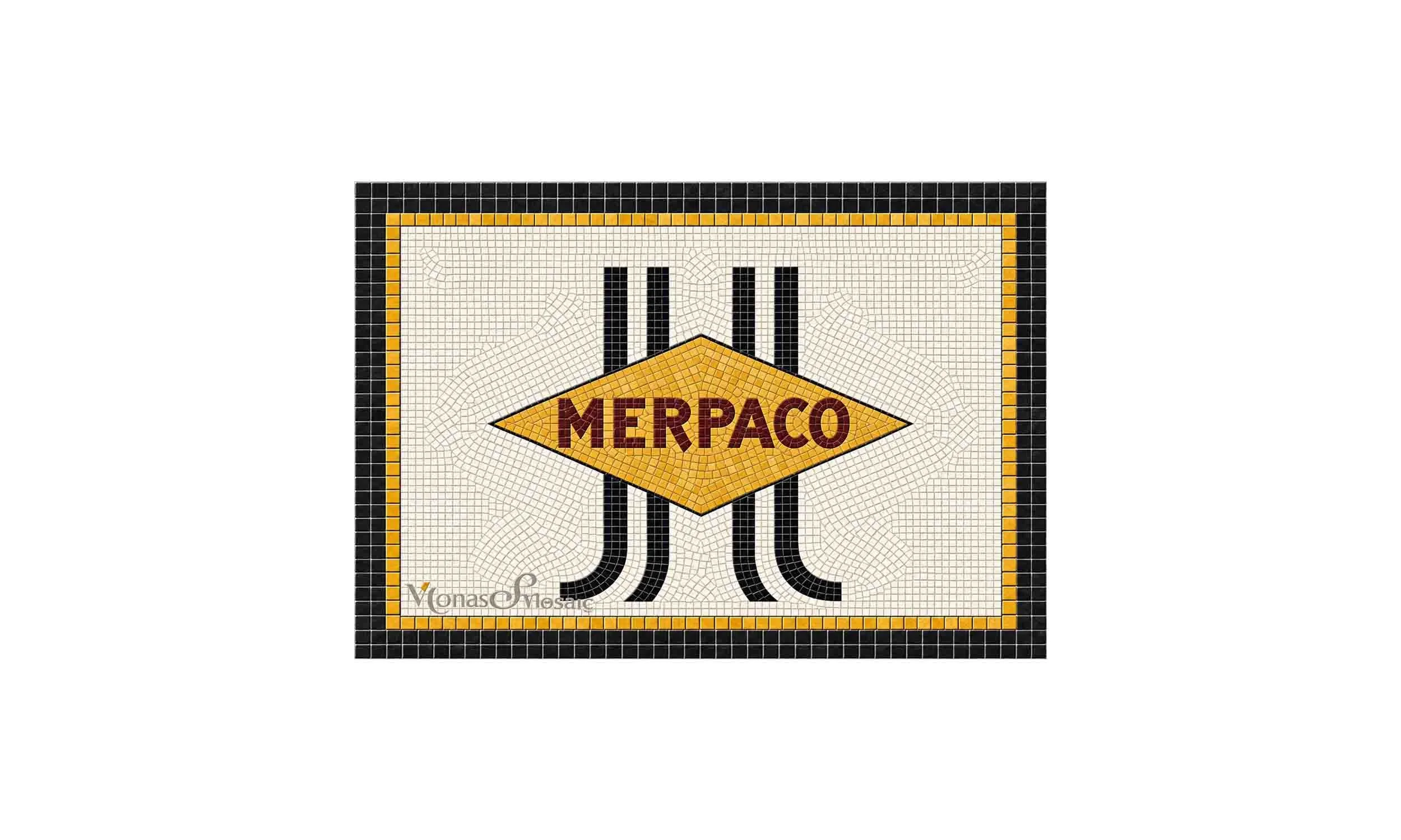 MERPACO mosaic featuring burgundy lettering on a gold diamond, a black emblem, white tile background, and a thick black border with a thin gold inner line.