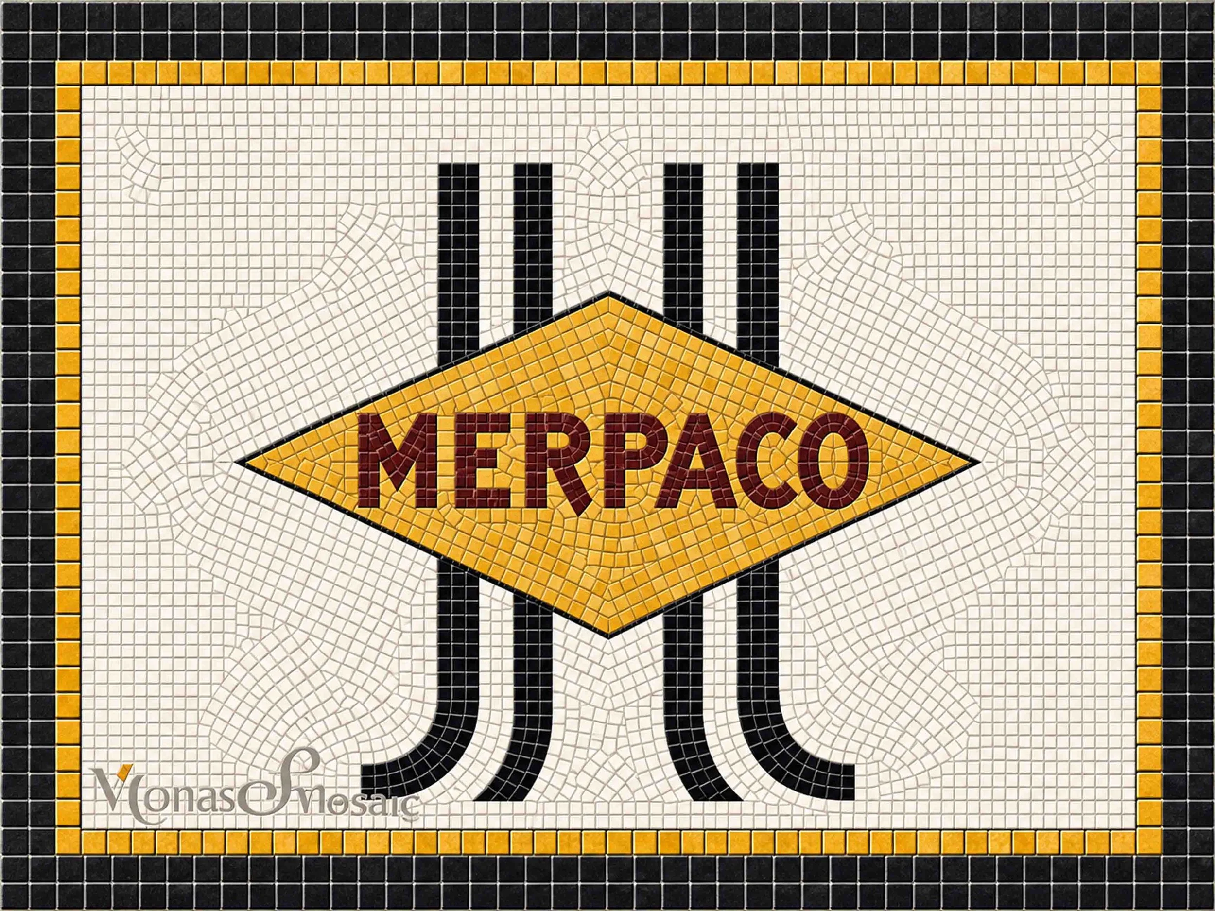 MERPACO mosaic featuring burgundy lettering on a gold diamond, a black emblem, white tile background, and a thick black border with a thin gold inner line.