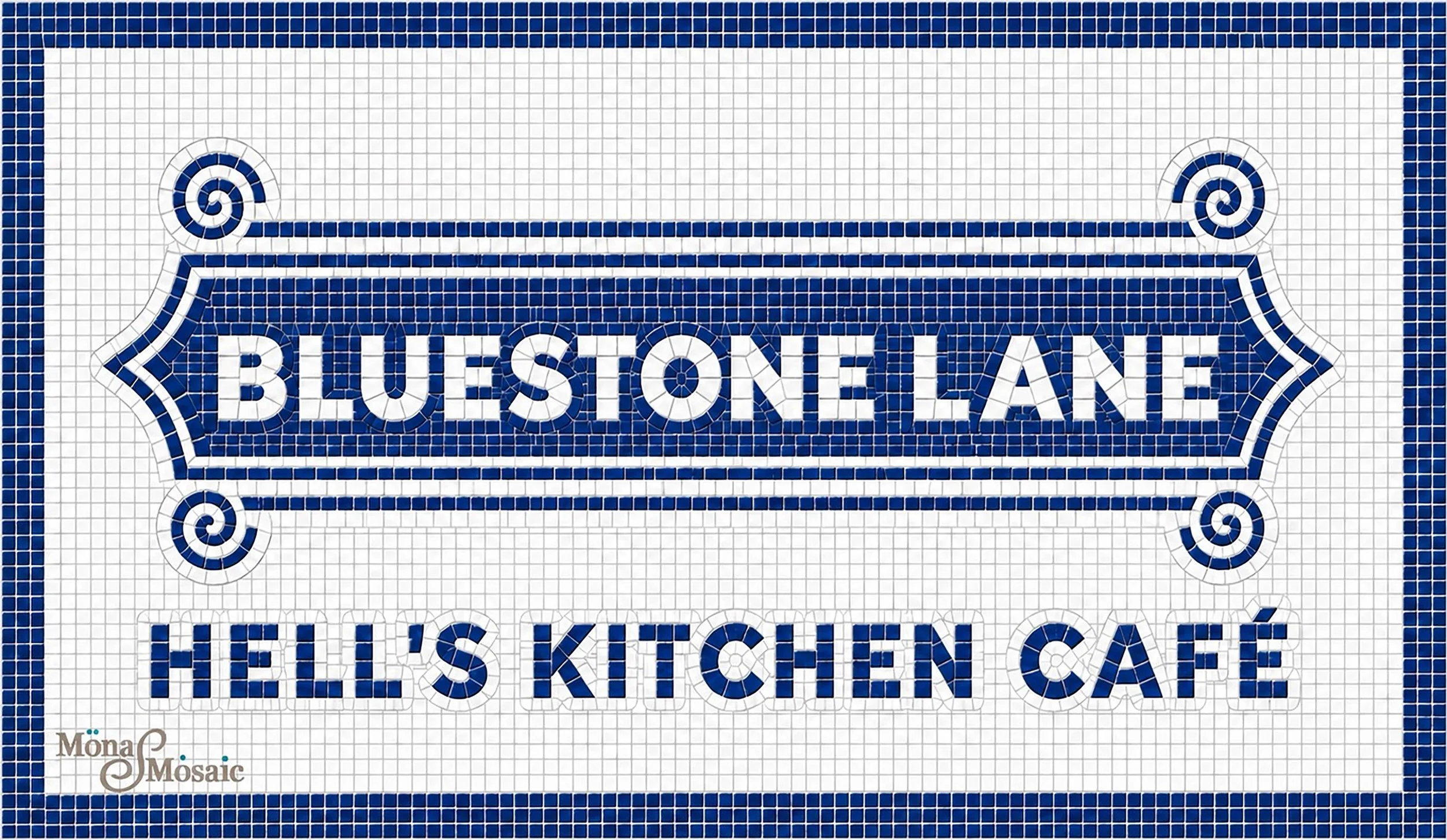 Custom Bluestone Lane Hell's Kitchen Café mosaic sign in navy blue and white hand-cut tiles, featuring decorative scrollwork, lettering and a double border.