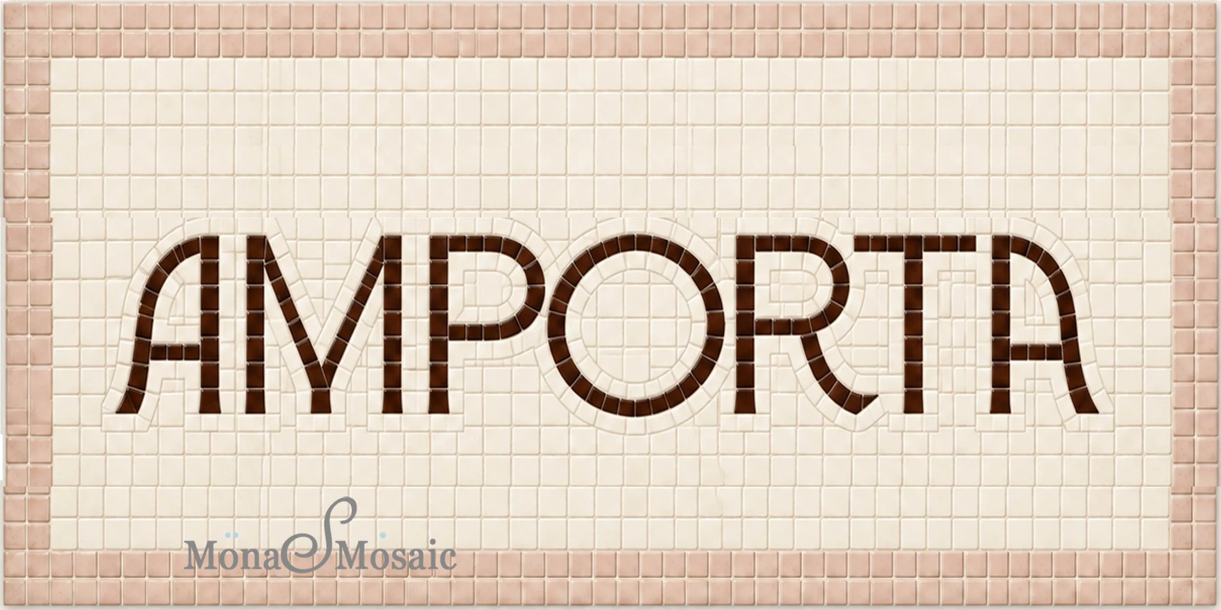 Handmade AMPORTA Art Deco mosaic floor tile featuring dark brown geometric lettering, an ivory tiled background and blush-pink border, custom made by Mona's Mosaic.