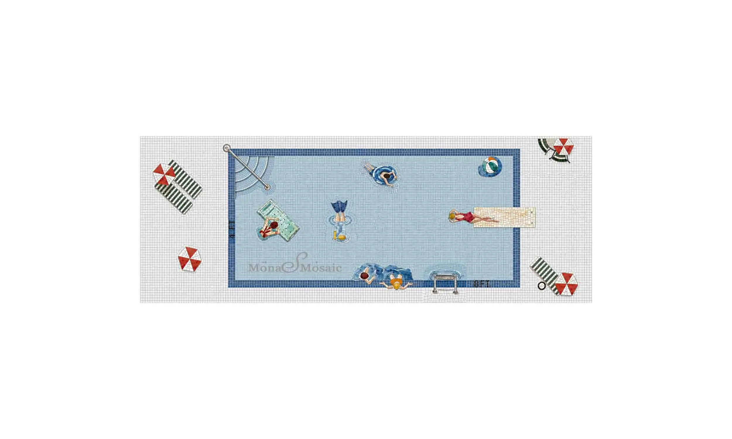 Custom Swimming Pool Mosaic – Hand-Cut Tile Pool Scene with Swimmers & Vintage Poolside Details