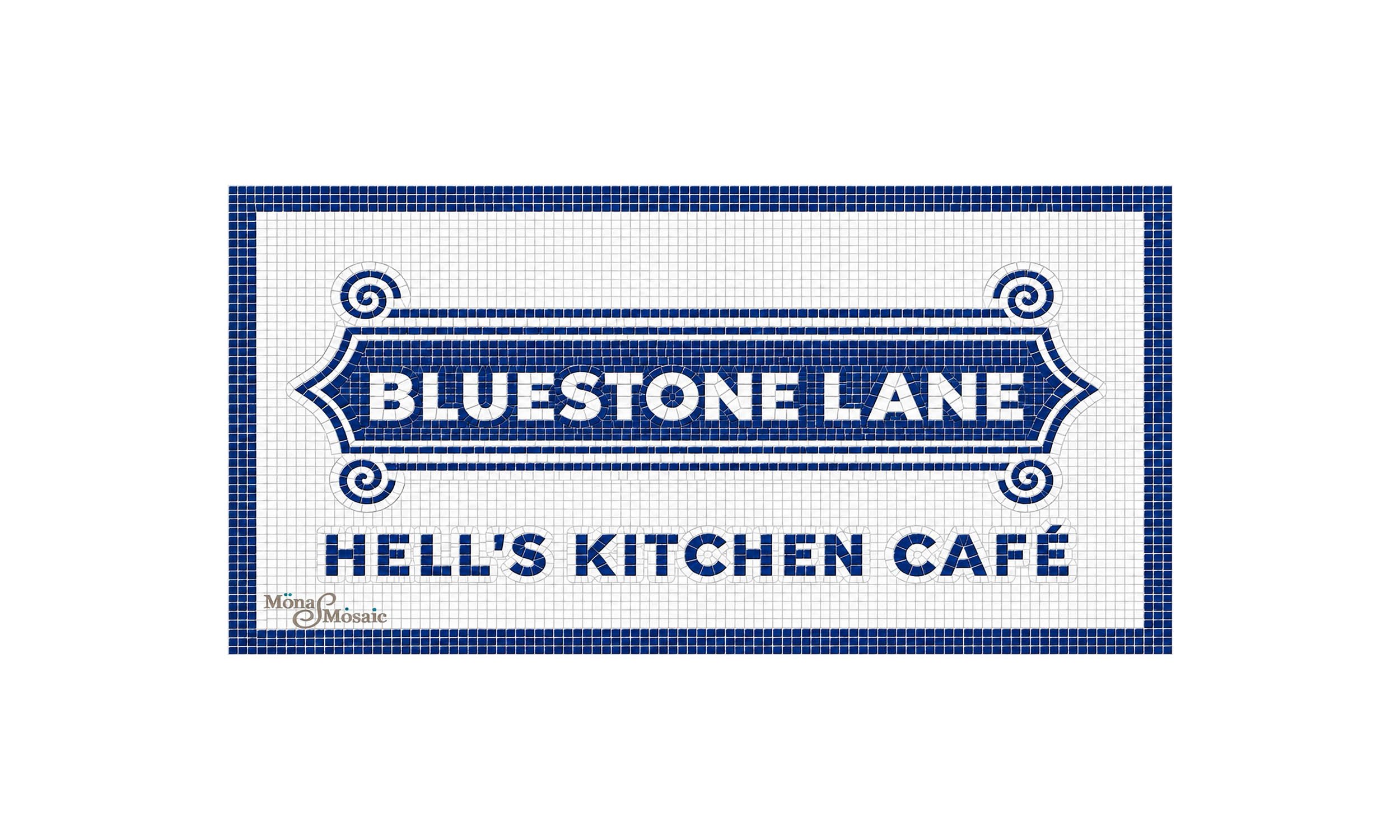 Custom Blue & White Mosaic Café Sign – Personalized Restaurant Logo & Lettering Tile Mosaic