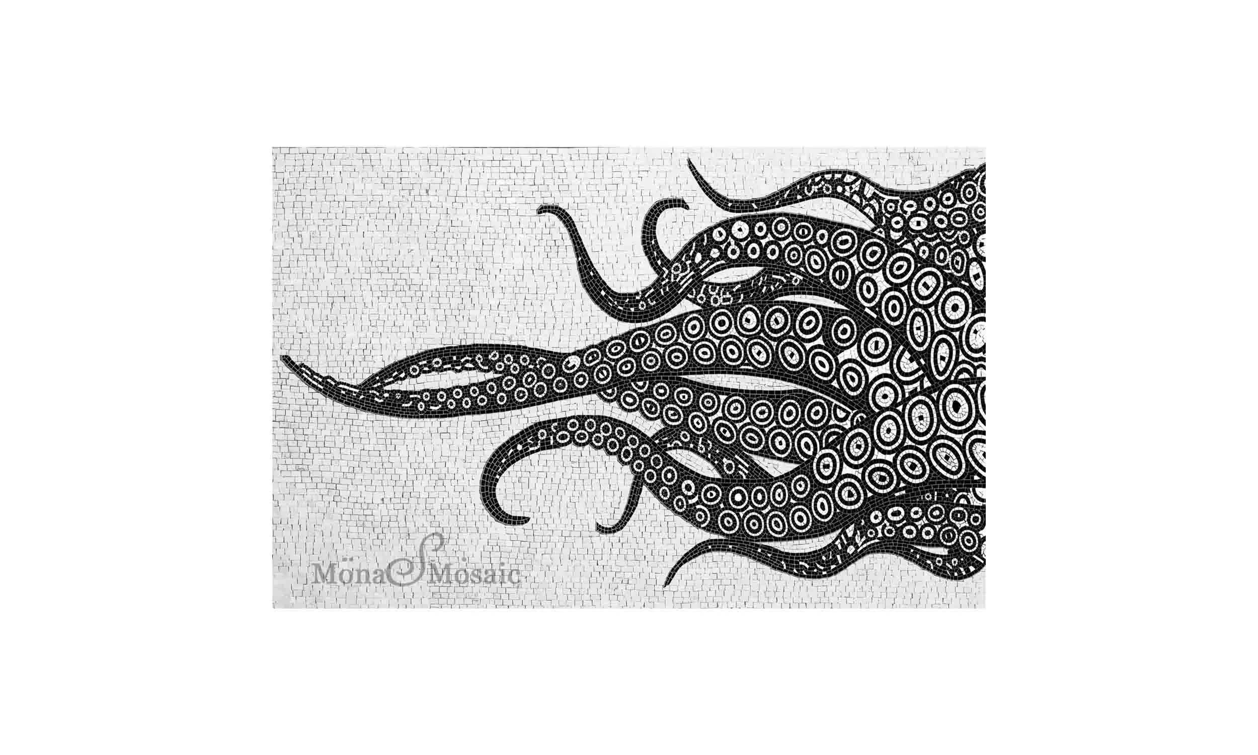 Stylized Octopus Tentacle Mosaic Bathroom Floor – Hand-Cut Black & White Nautical Tile Artwork