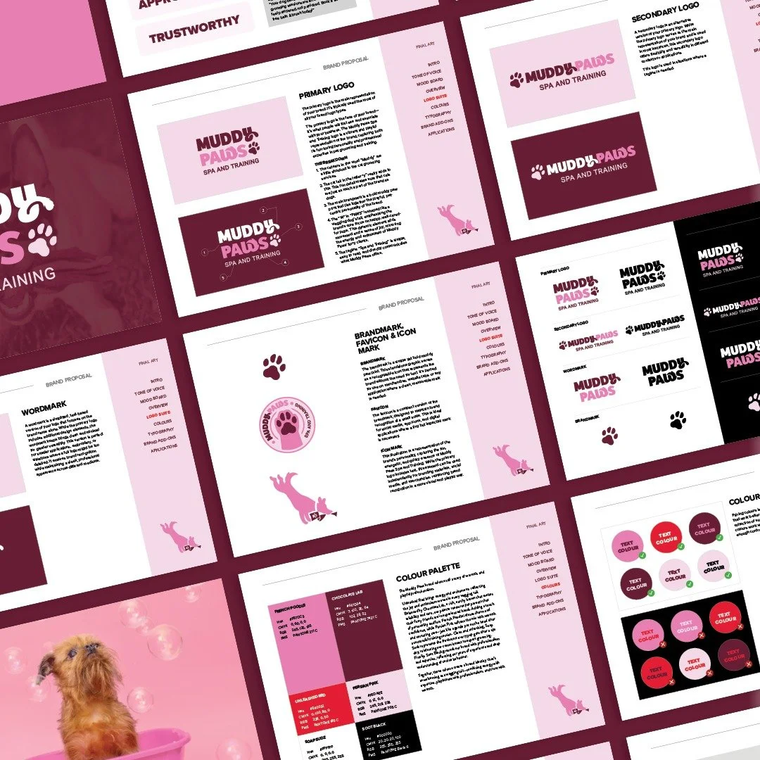When rebranding Muddy Paws Spa &amp; Training, Anjuli chose the Flock package to help bring the personality of the brand to life.

This meant starting with three moodboards and ending with a full logo suite, brand elements, and a simple style guide t