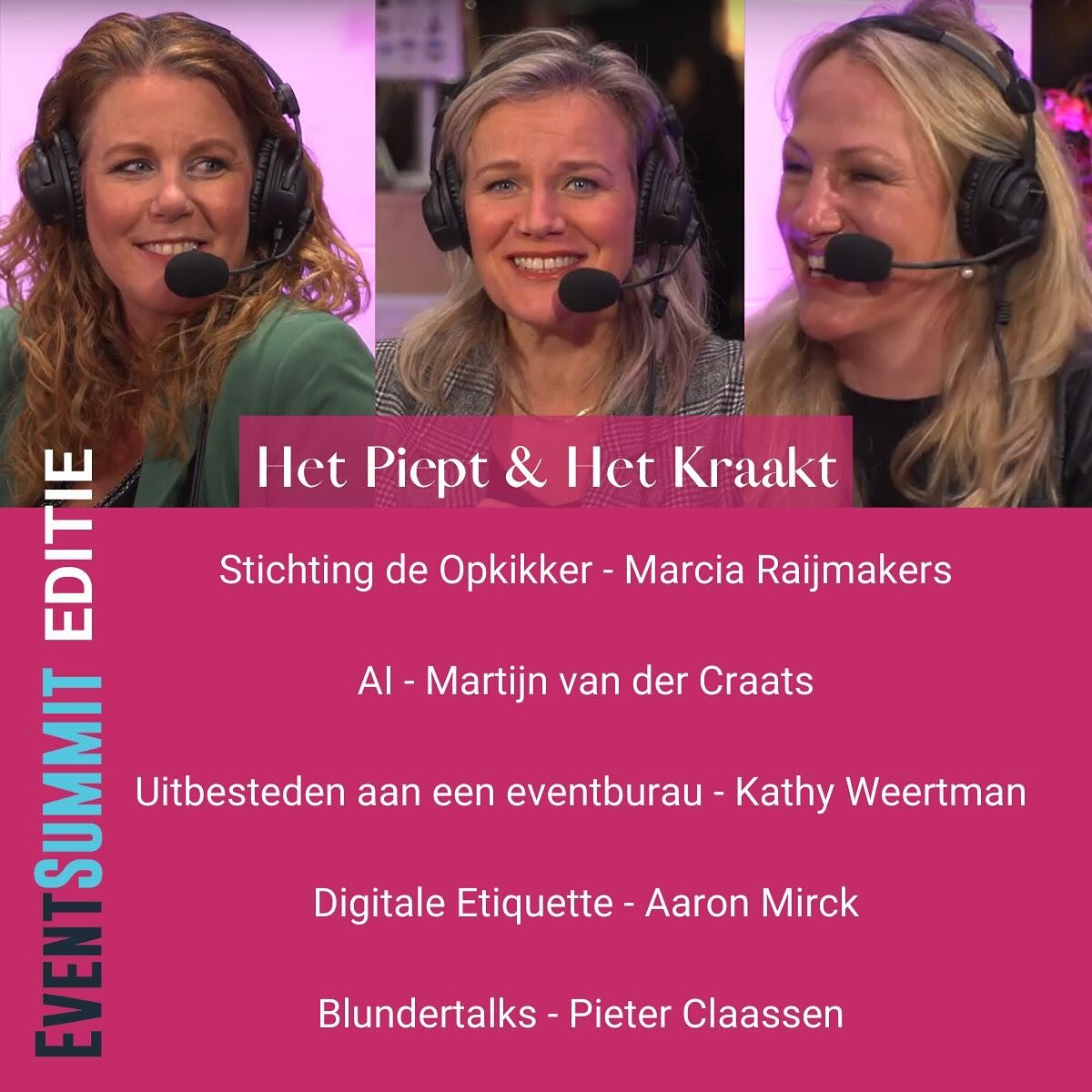 🚀🎧 NIEUWE AFLEVERING ALERT! 🎧🚀
We zijn morgen weer terug op EventSummit met onze podcast, Het Piept en Het Kraakt, en ook deze keer met hele inspirerende gasten! 🌟 
Deze afleveringen komen snel online op Spotify en Podimo. 
Zet deze data alva