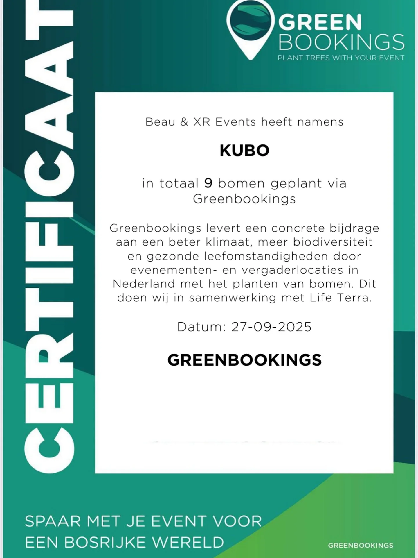 🌱 Duurzame evenementen met impact
Als Beau &amp; XR Events zijn we trots dat we aangesloten zijn bij @greenbookings.nl . Voor ieder evenement dat we organiseren, doneren we bomen, een kleine maar betekenisvolle stap richting een groenere toekomst.
D
