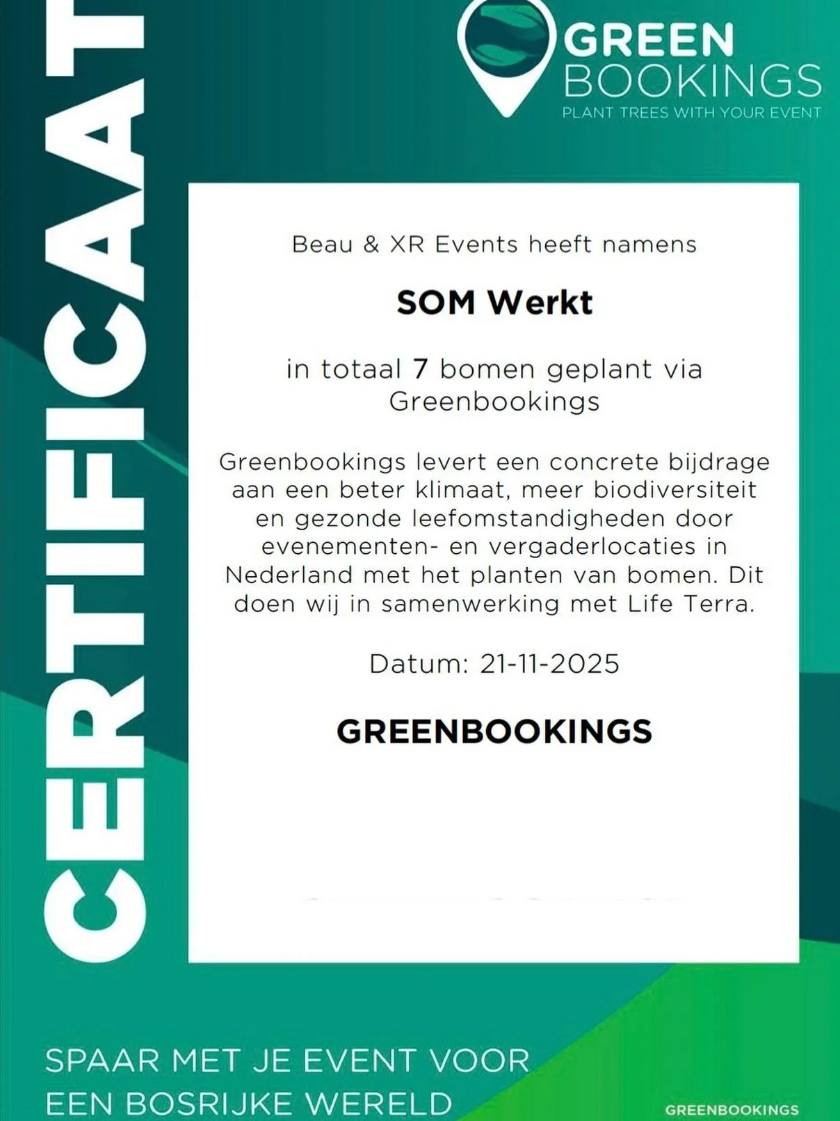 🌿Als Beau &amp; XR Events zijn we trots dat we aangesloten zijn bij @greenbookings.nl. 🌿Voor ieder evenement dat we organiseren doneren we bomen, een kleine maar betekenisvolle stap richting een groenere toekomst.
Dit keer deden we dat namens SOM. 