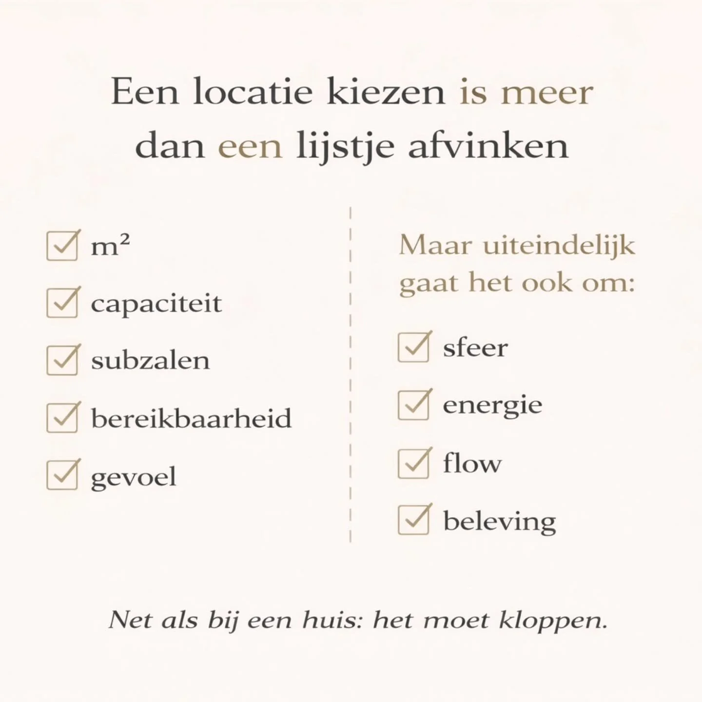 Een locatie zoeken voor een event lijkt soms een beetje op het zoeken naar een huis.

Je kunt nog zoveel lijstjes hebben met praktische eisen. Aantal vierkante meters, capaciteit, subzalen, parkeergelegenheid en duurzaamheid. Maar uiteindelijk gaat h