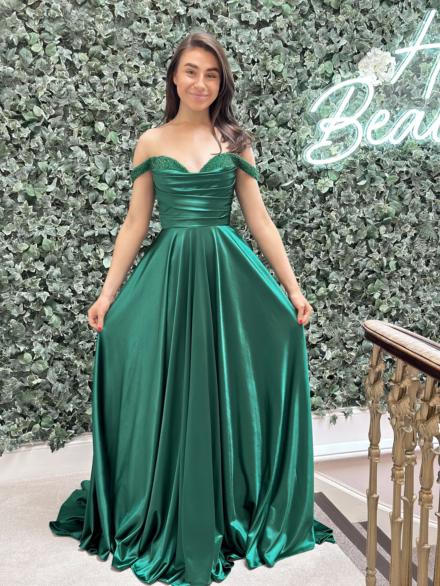 slim fit dress slacks Off the Shoulder Green Long Prom Dress, Off Shoulder Long Green Formal main image 1