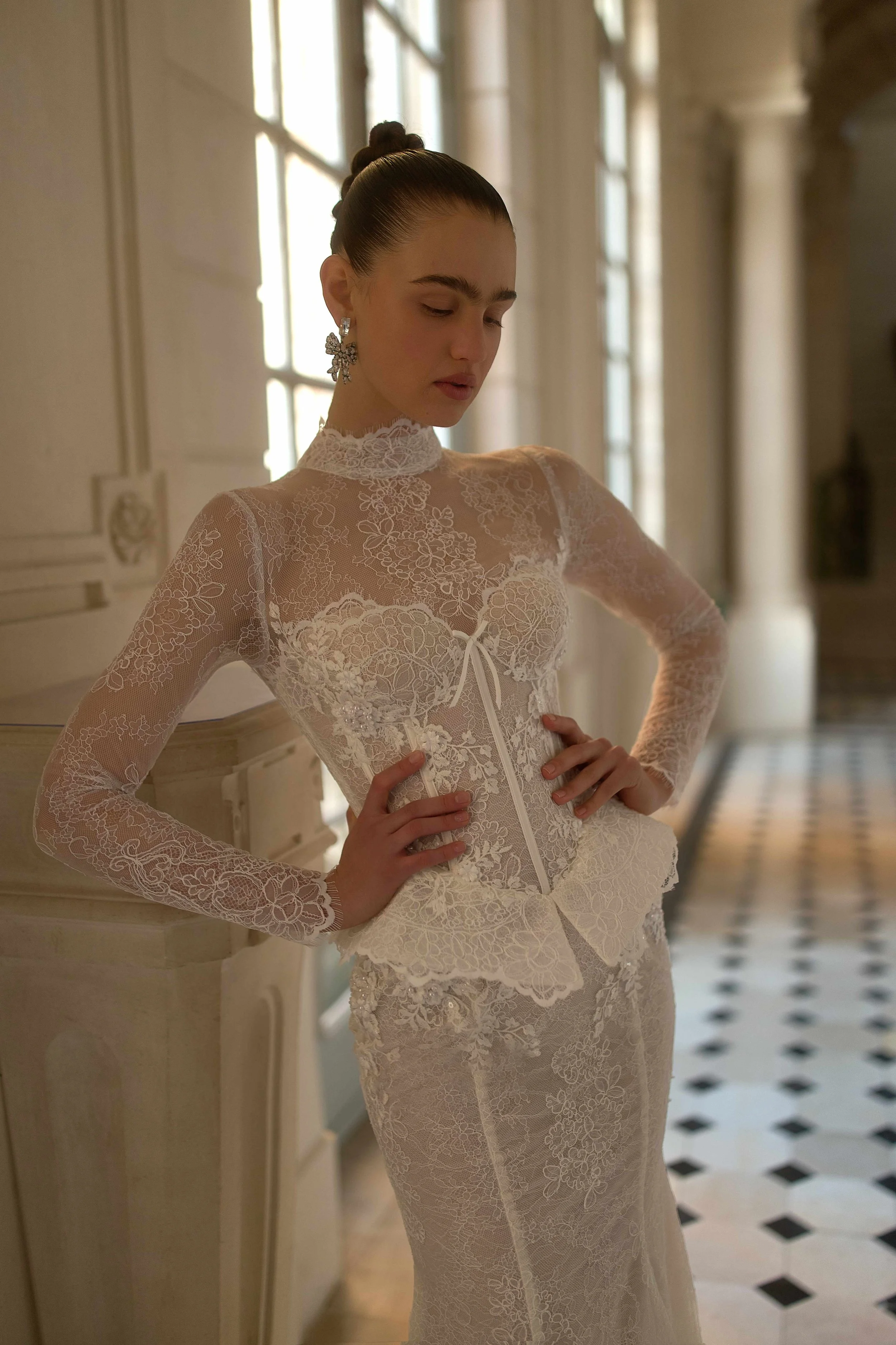 Indigo long-sleeved lace wedding dress by WONÁ Concept