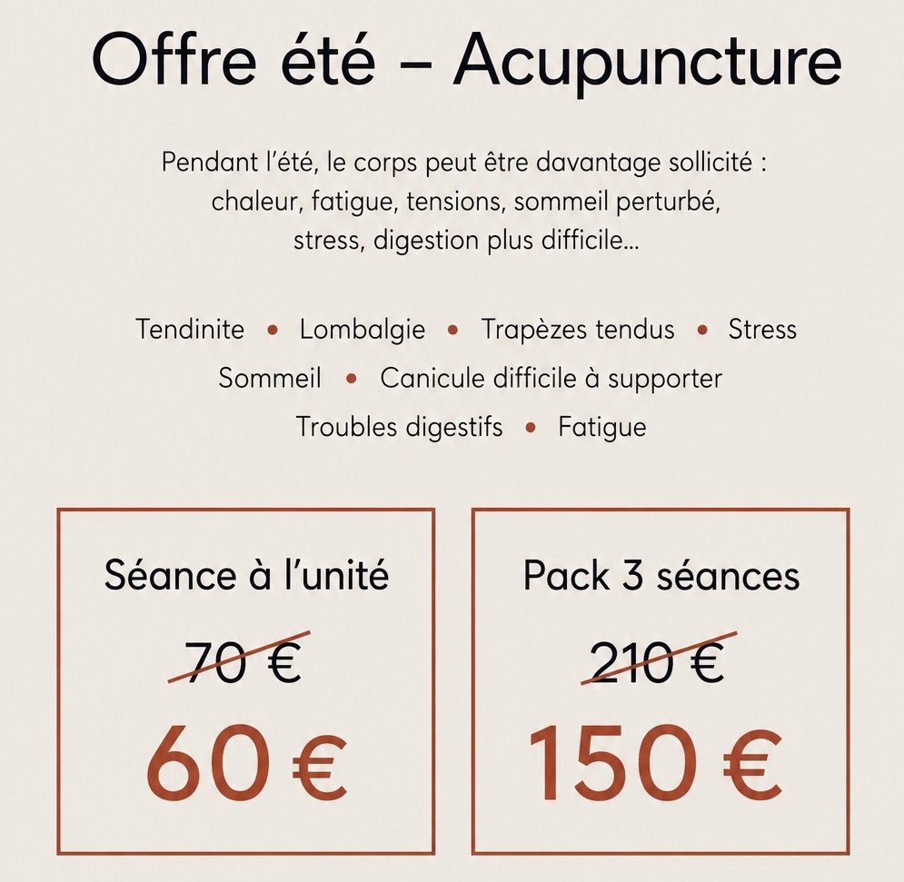 Offre de séances d’acupuncture au cabinet de Julien Tatin à Lectoure dans le Gers : une séance à 60 euros et un pack de trois séances à 150 euros jusqu'à fin septembre 2026.