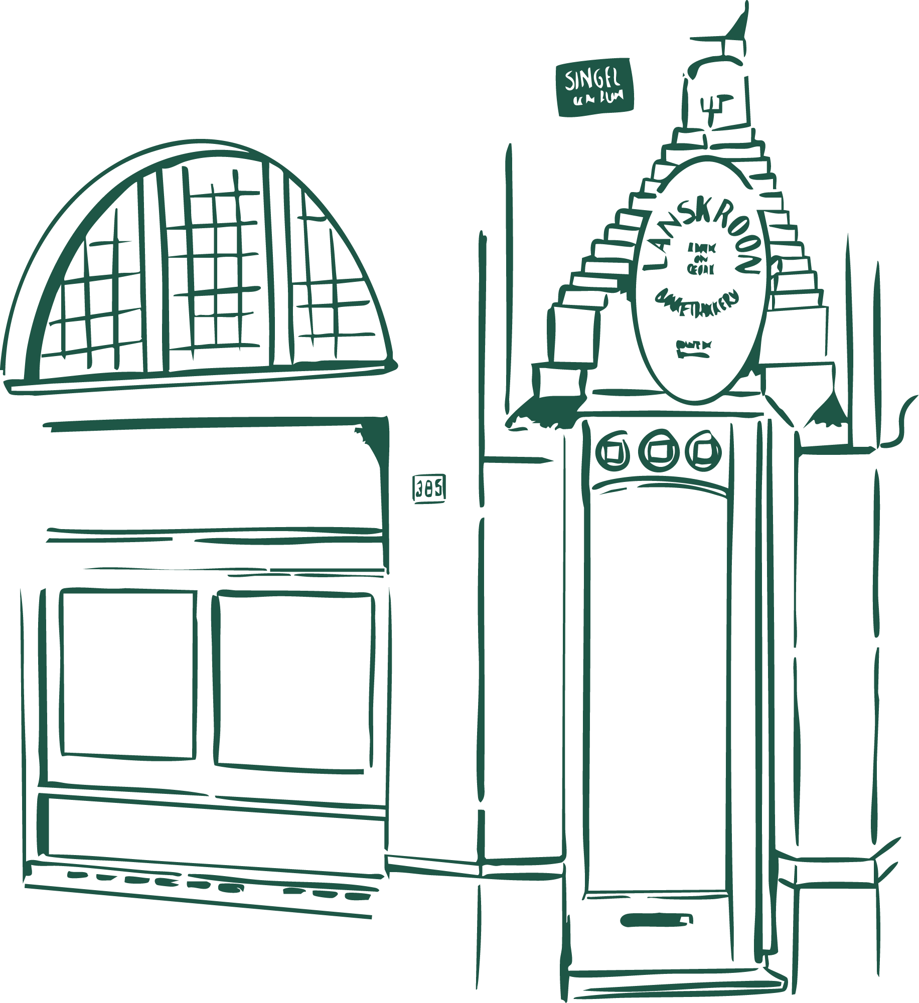 Illustratie van de gevel van Lanskroon Bakkerij in Amsterdam