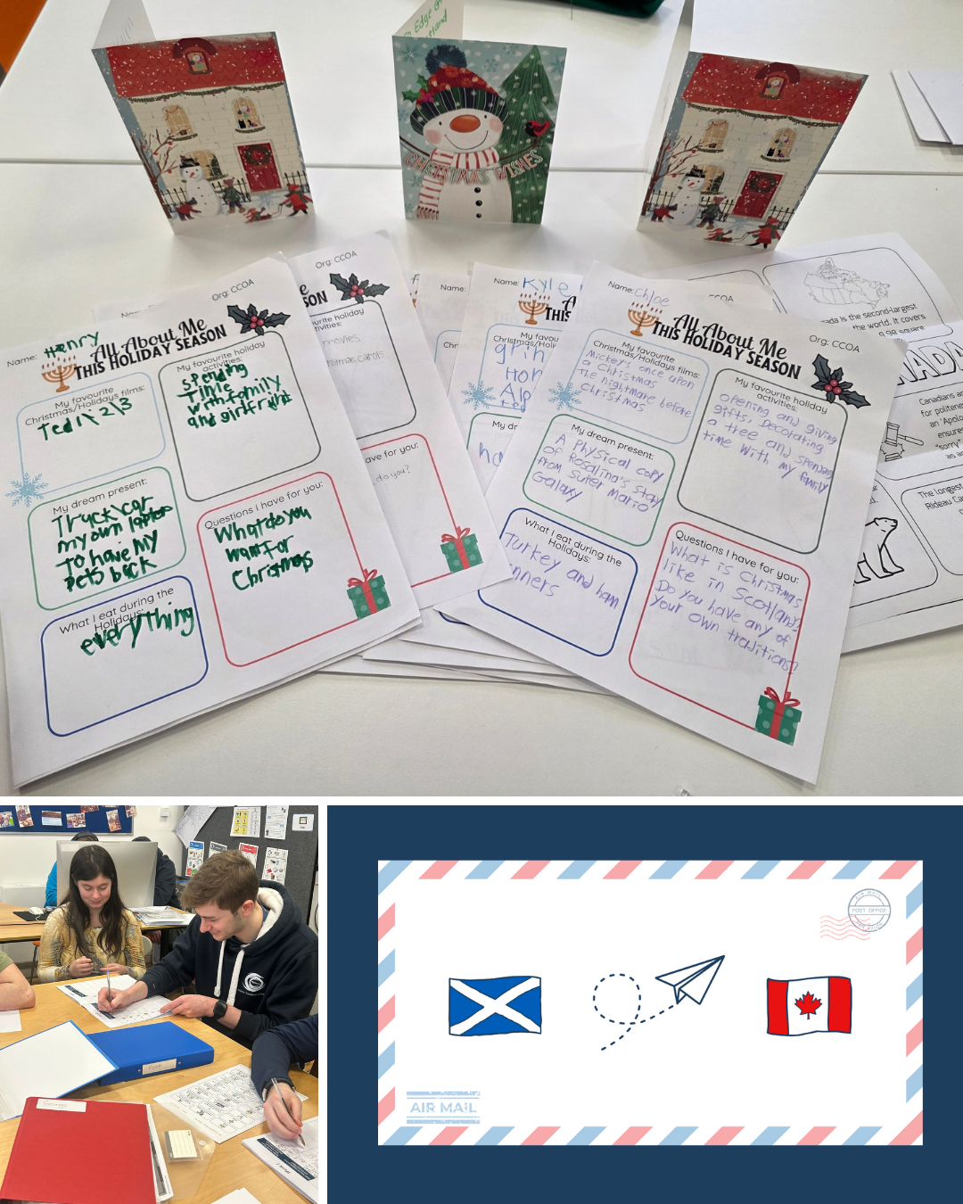 Set of holiday-themed worksheets and greeting cards on a white table, with two students in a classroom, and a digital illustration of a letter with Scottish and Canadian flags, paper airplane, and postage symbols.