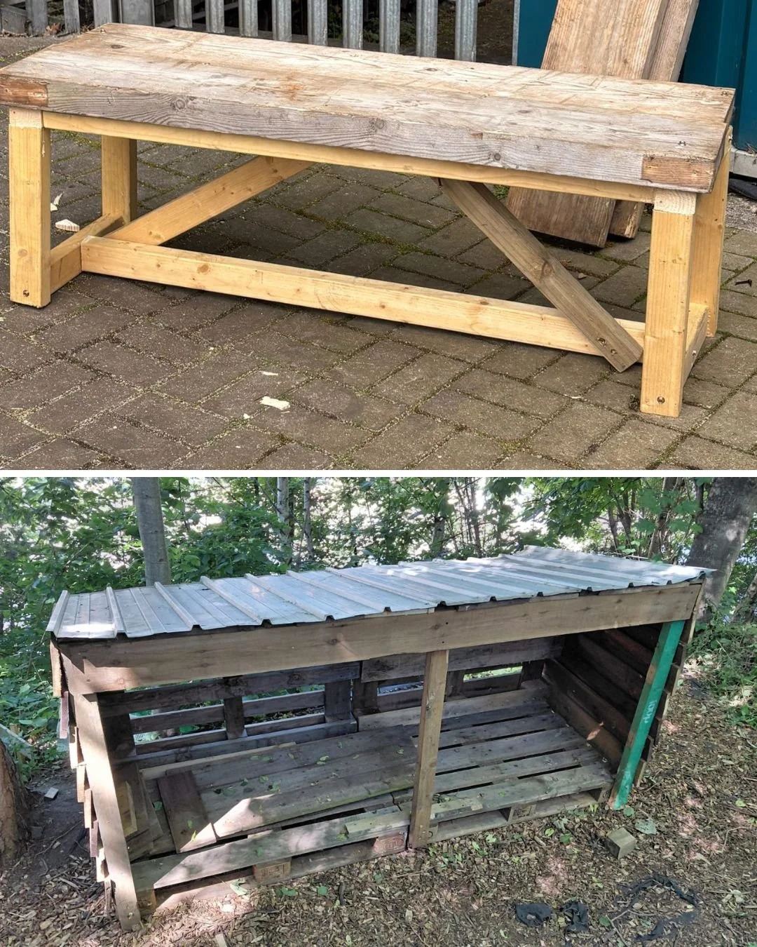 Two wooden outdoor structures, one is a bench with a flat top and angled support beams, the other is a small shelter with a corrugated metal roof and open sides, both are on outdoor ground.