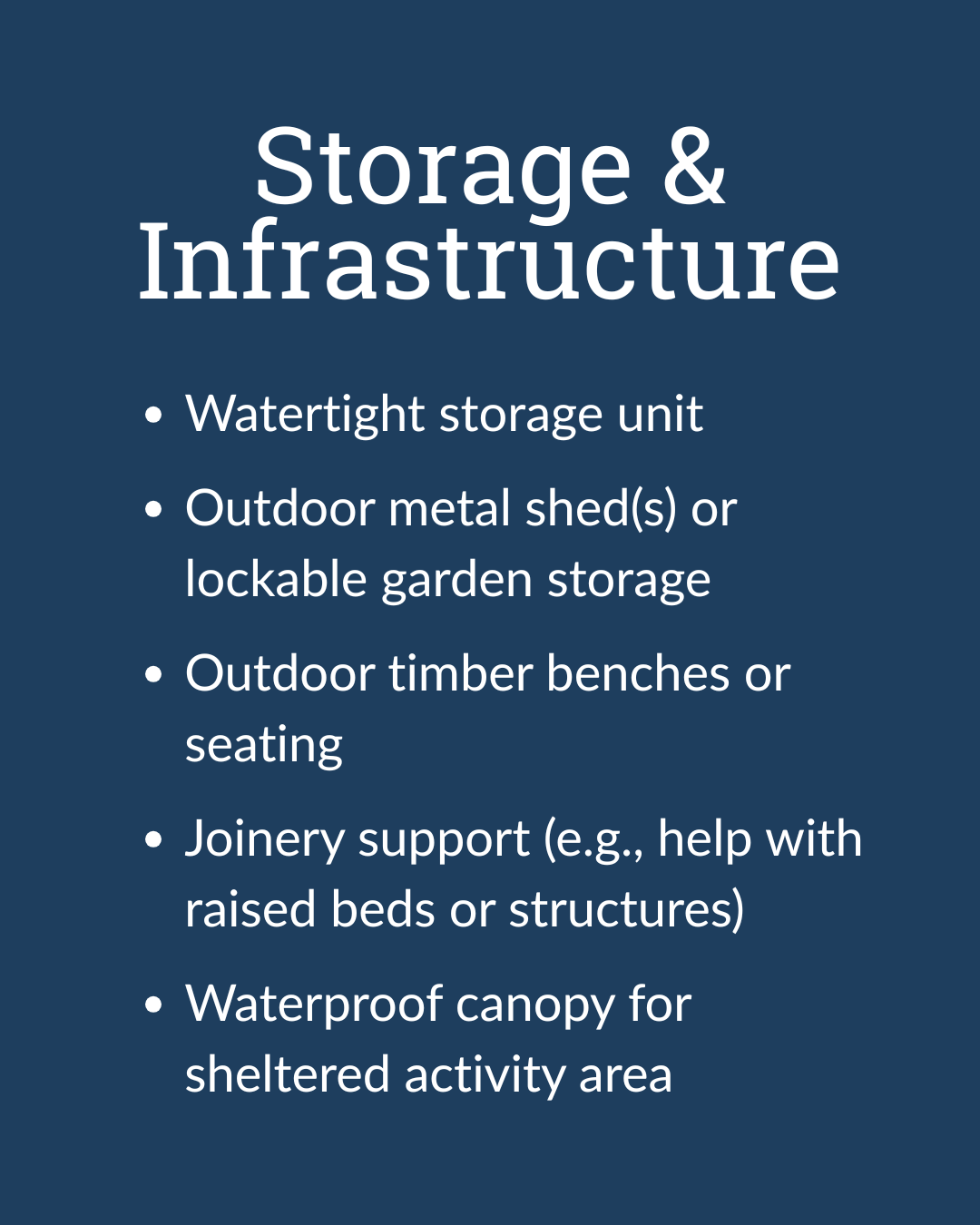  Image shows  a navy background with white text that reads: Site materials  Tonne bags (new or used)  Scaffold boards (8ft)  Hardcore, sand, and weed control fabric  Water butts and pipework for rainwater harvesting  Compost bin (large/durable) 