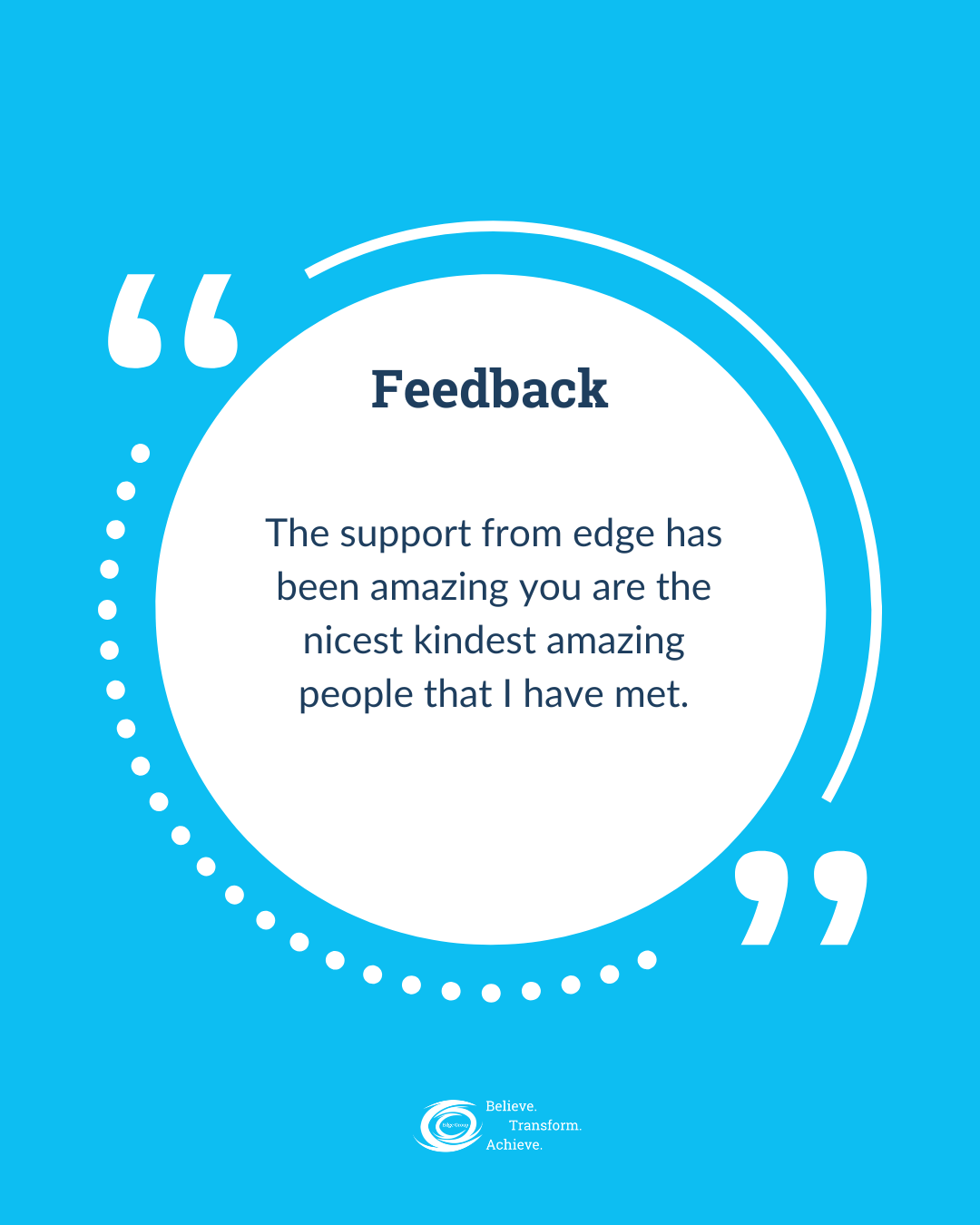 A motivational quote about feedback on a blue background with white text, circular design elements, and a small logo at the bottom.