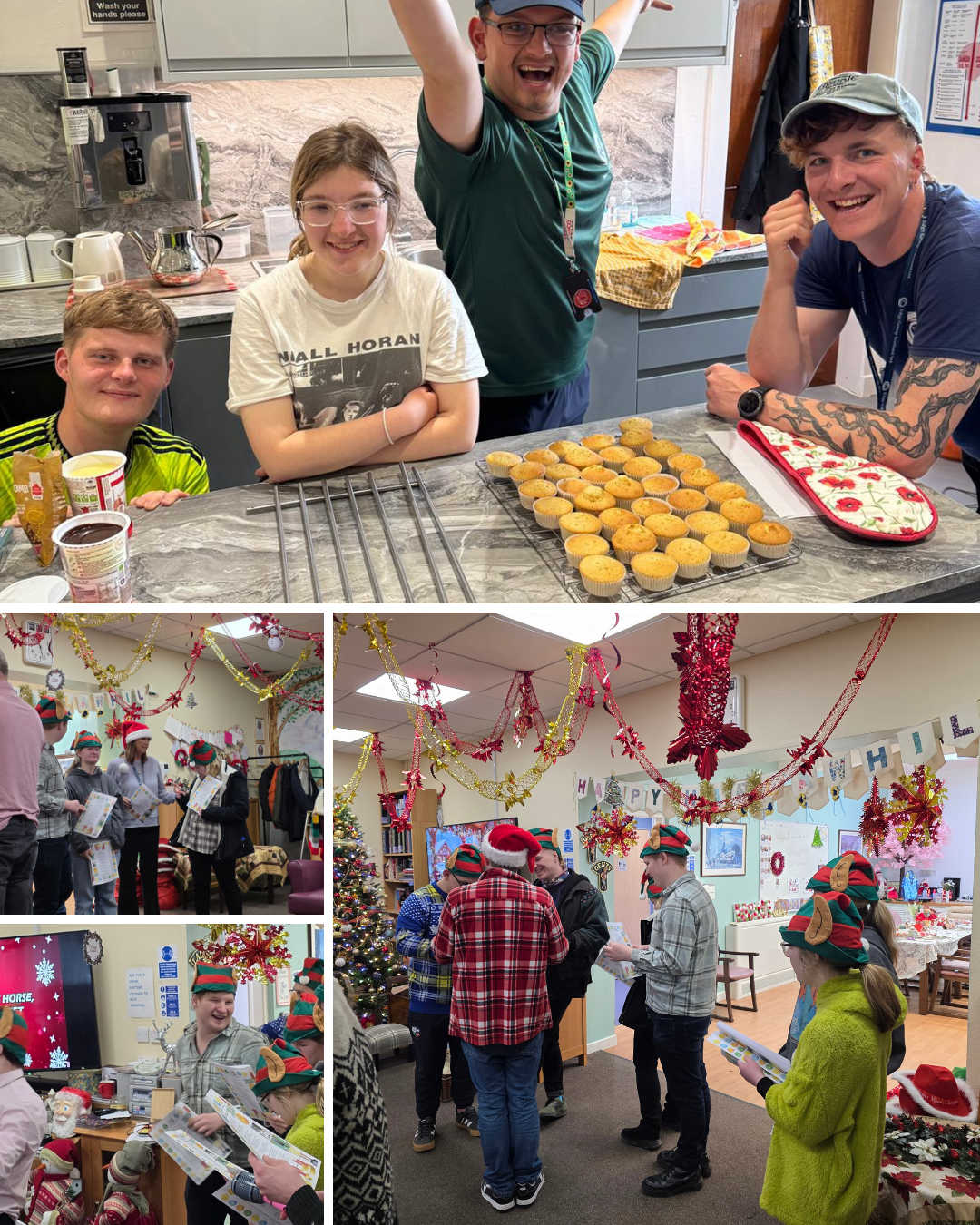 First image shows a group of four people, three men and one girl, with baked muffins on a kitchen counter, celebrating and smiling. The second and third images depict a Christmas gathering with people wearing elf hats, Christmas decorations, and Christmas trees, participating in activities and socializing indoors.