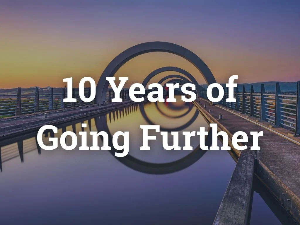 Text graphic reading '10 Years of Going Further' in bold font