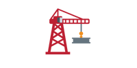 Red tower crane lifting a gray container against a plain white background.