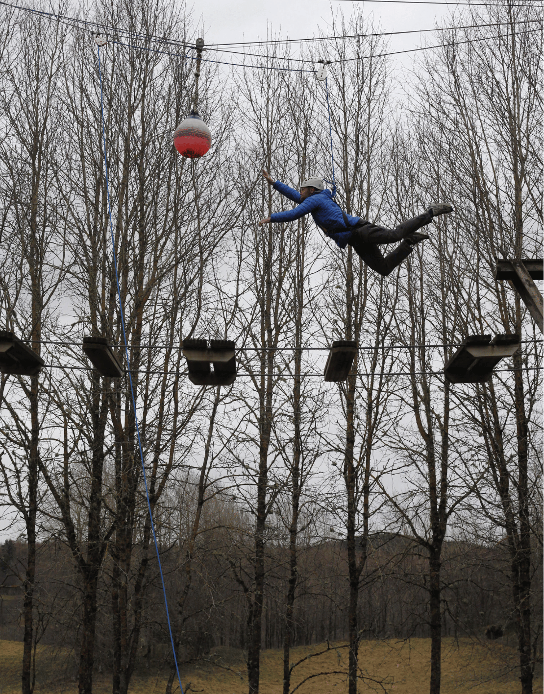 A person in a blue jacket and helmet is mid-air on a ropes course, reaching toward a red ball suspended from overhead wires with trees in the background.
