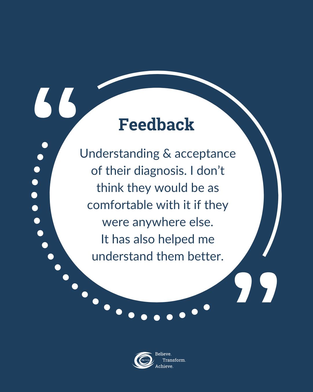 A quote about feedback, emphasizing understanding and acceptance of diagnoses, and how it aids better understanding. The quote is within a white circle on a dark blue background, with a small logo and the words 'Believe. Transform. Achieve.' at the b