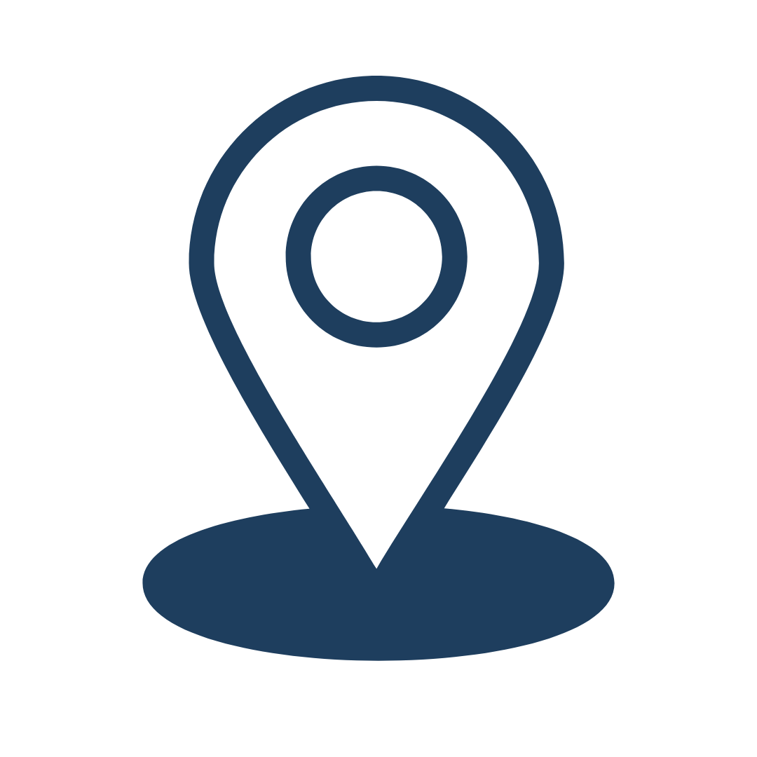Map pin icon in dark blue with a circular base.