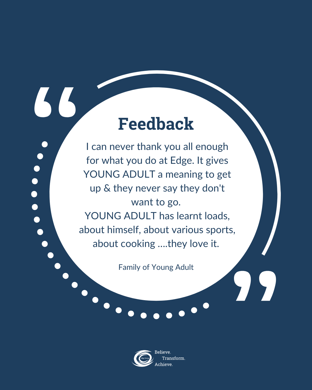 A quote about feedback from the Family of Young Adult, praising Edge for its positive impact on young adults, surrounded by graphic design elements and the Edge logo.