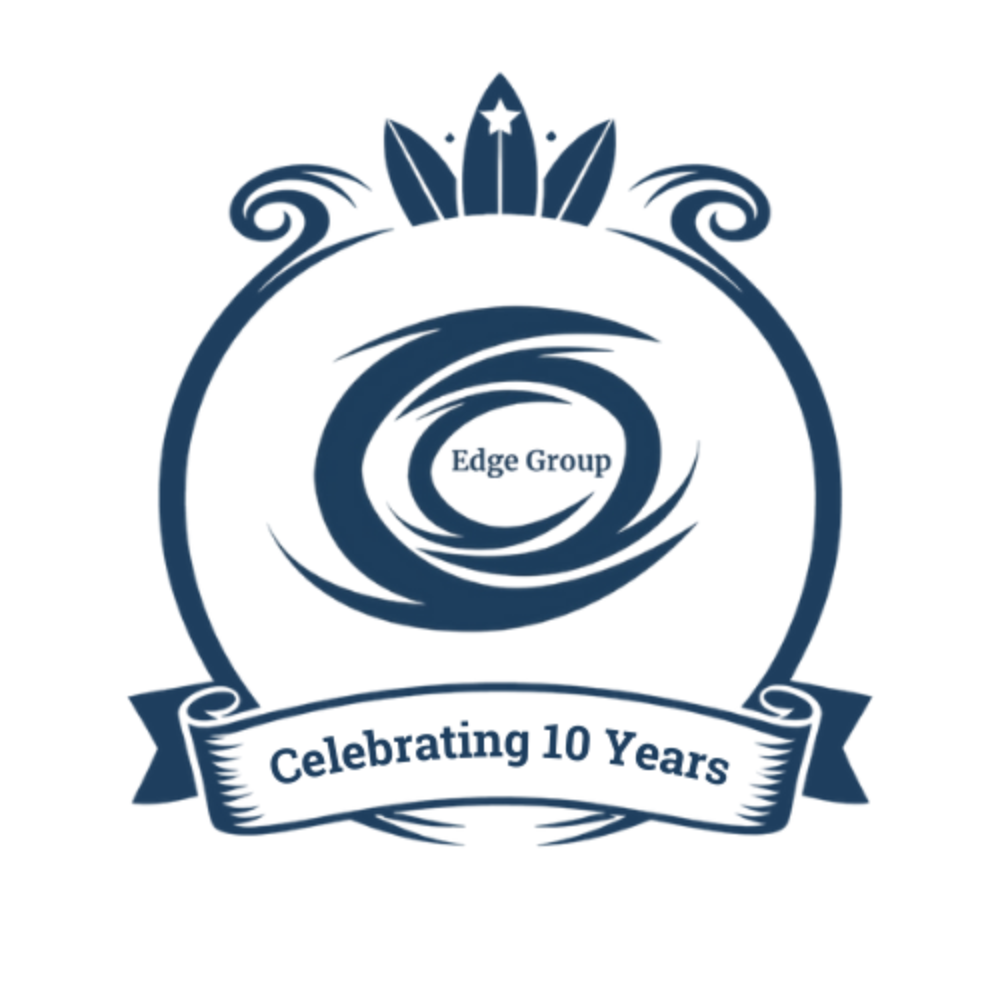 A logo for Edge Group celebrating 10 years, featuring a swirling design with a star and surfboard icons at the top.