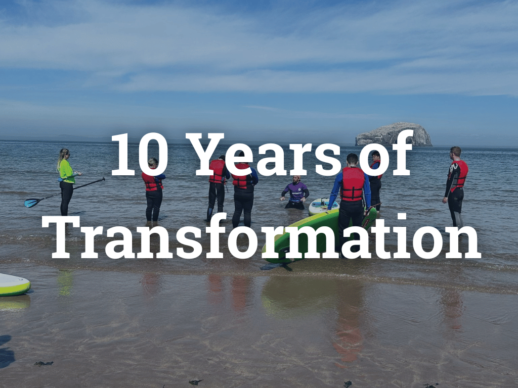 Text on a scenic background of a shoreline and SUPs lined up that says '10 Years of Transformation' in bold blue font.