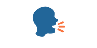 Blue outline of a person's head with three orange lines representing speech.