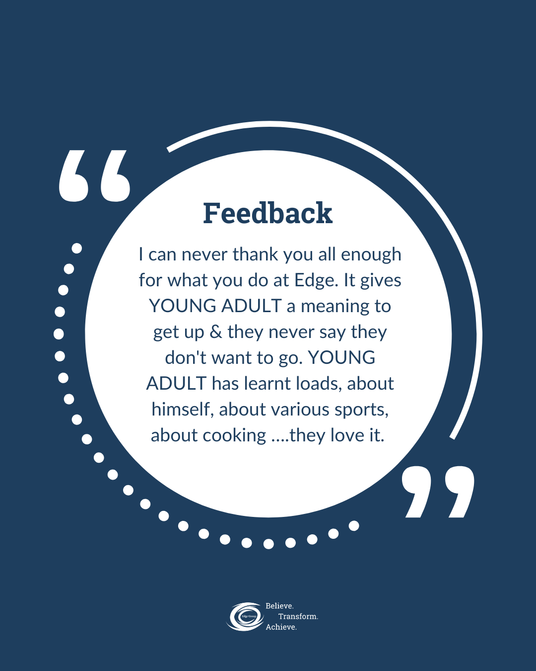 Feedback quote about the positive impact of Edge on young adults, highlighting their learning loads, interests, and love for cooking, with a blue and white circular design and Edge logo at the bottom.