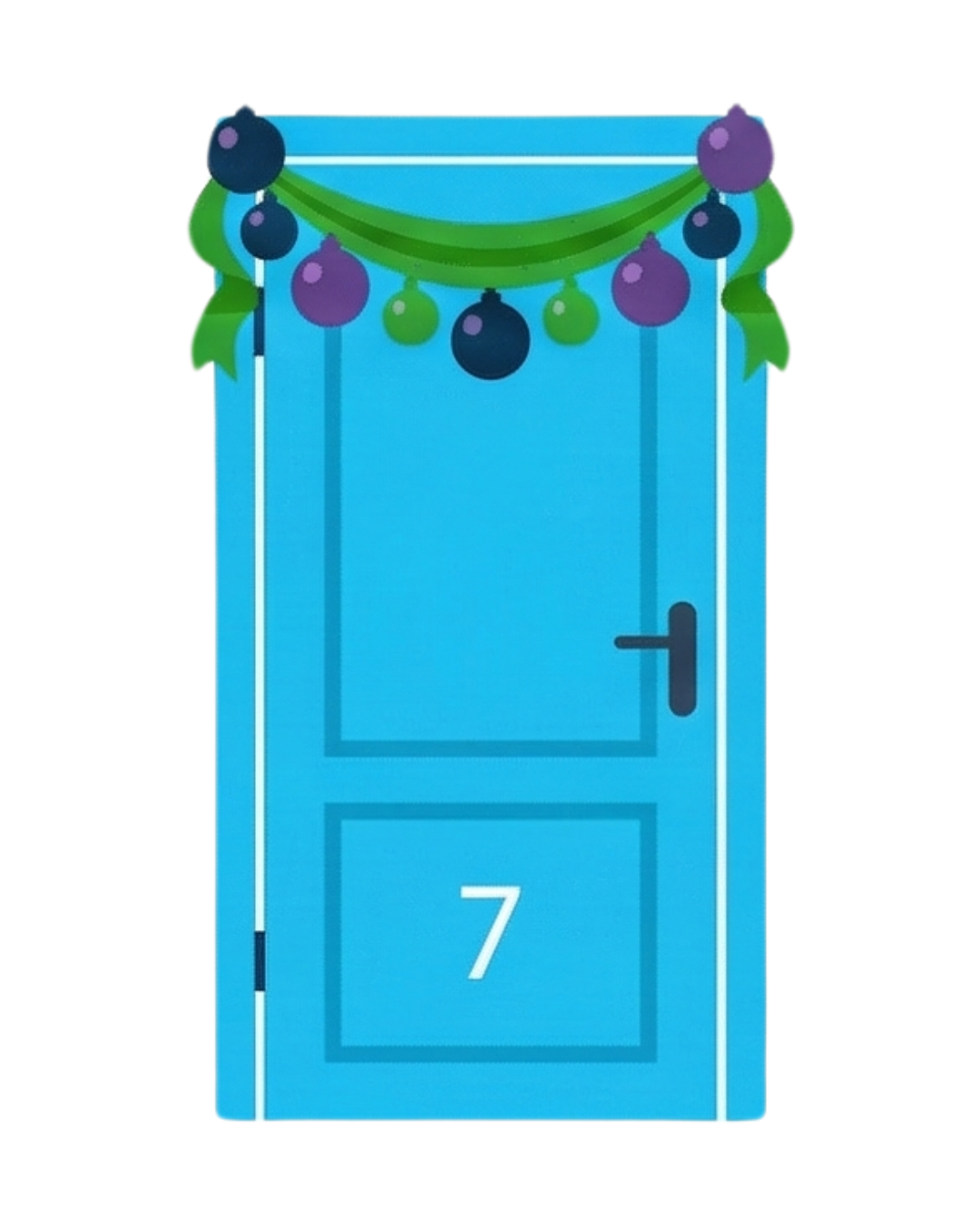 Blue door decorated with green and purple garland with spherical ornaments.