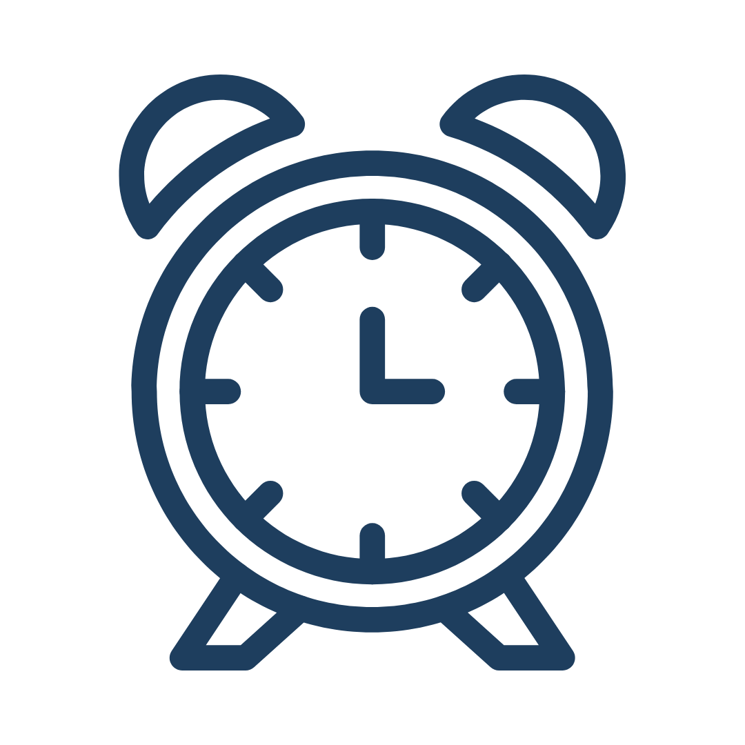Line drawing of an alarm clock with bells on top, showing the time as 12:00.