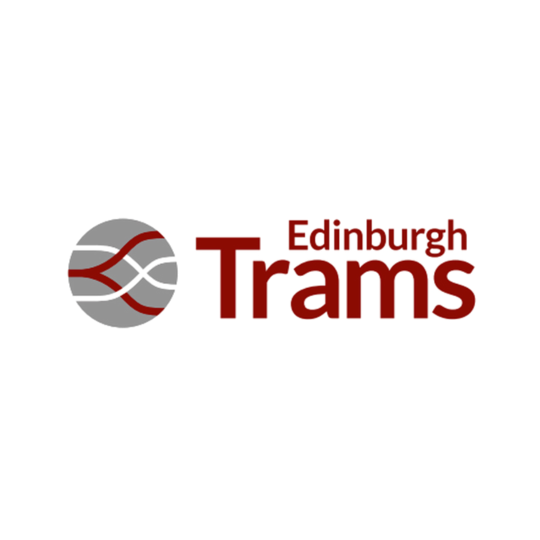 Logo of Edinburgh Trams with a stylized tram track icon and maroon text.