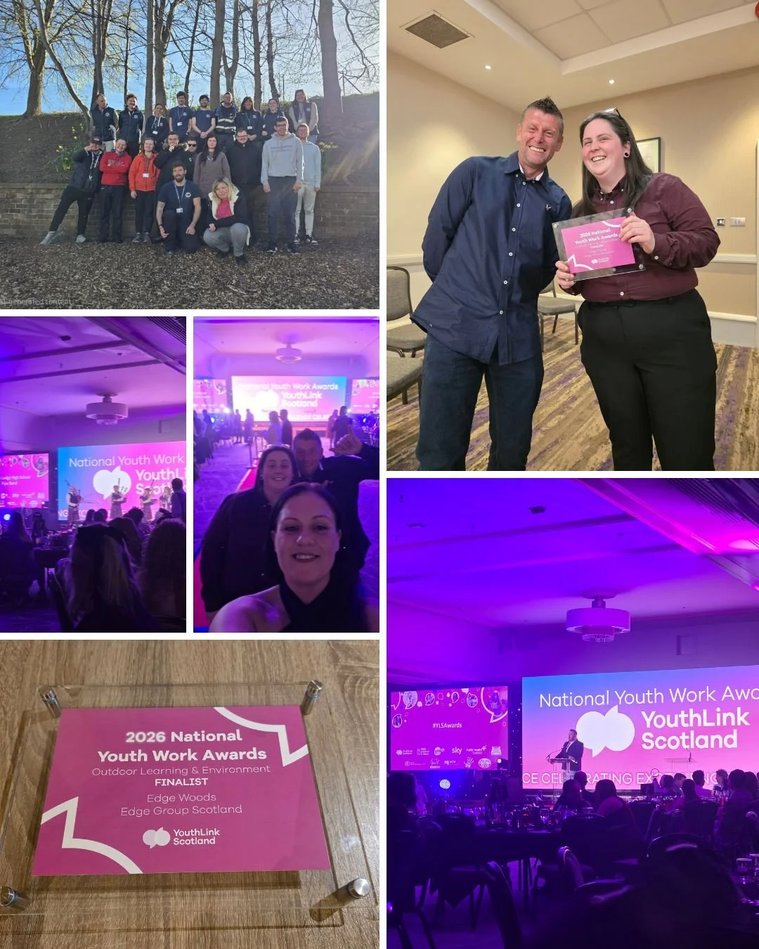 Collage of images from the 2026 National Youth Work Awards event, showing a large group photo outdoors, two people receiving an award indoors, a crowded conference room with a stage and presentation screen, a smiling woman in front of the stage, an a