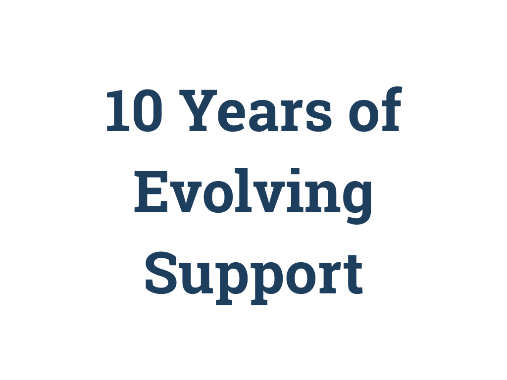 Text graphic with the words '10 Years of Evolving Support' in bold navy font on a white background.