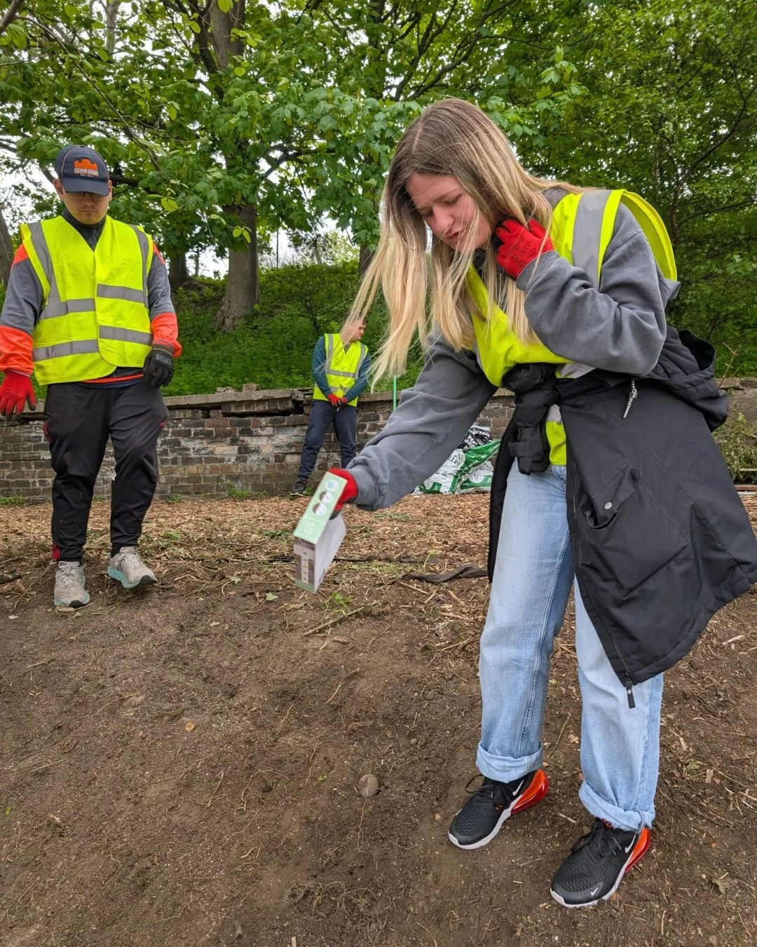Three people working outdoors, all wearing yellow safety vests and gloves. One woman in the foreground is planting a seed in the soil, while two men in the background observe. The area is surrounded by trees and a brick wall.