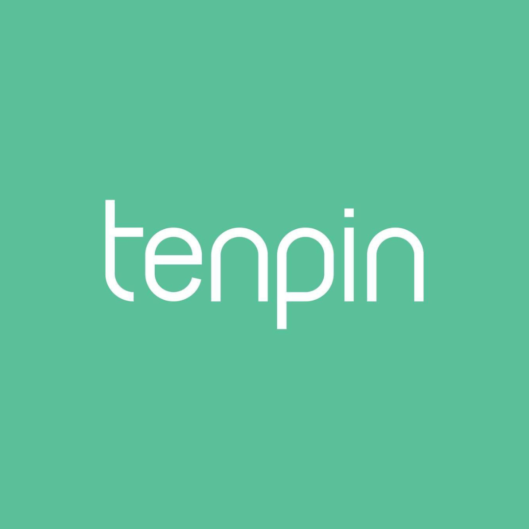 The word 'tenpin' written in white lowercase letters on a light teal background.