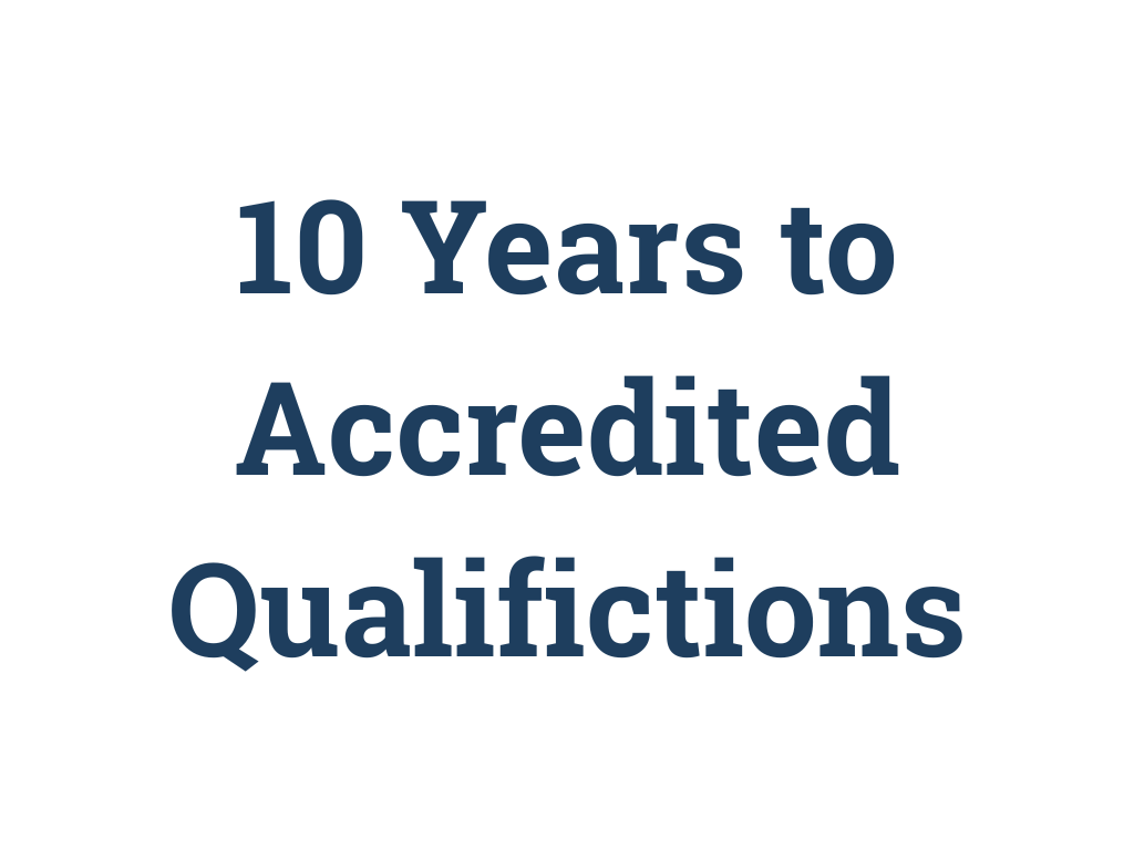 Text on a white background stating "10 Years to Accredited Qualifications" in bold dark blue font.