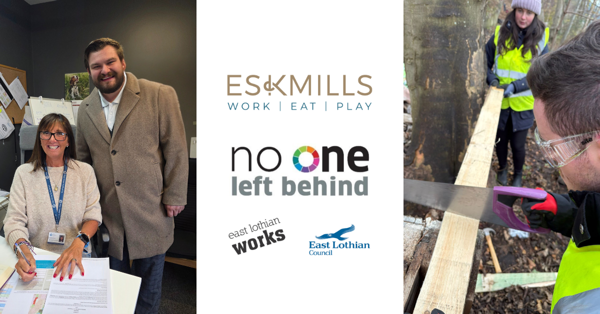 A collage with three sections: left shows two office workers, a woman seated at a desk with papers and a man standing behind her in an office; middle displays logos for Eskmills, No One Left Behind, East Lothian Works, and East Lothian Council; right depicts two people working outdoors in a forest, one with safety glasses sawing a wooden plank while another observes.