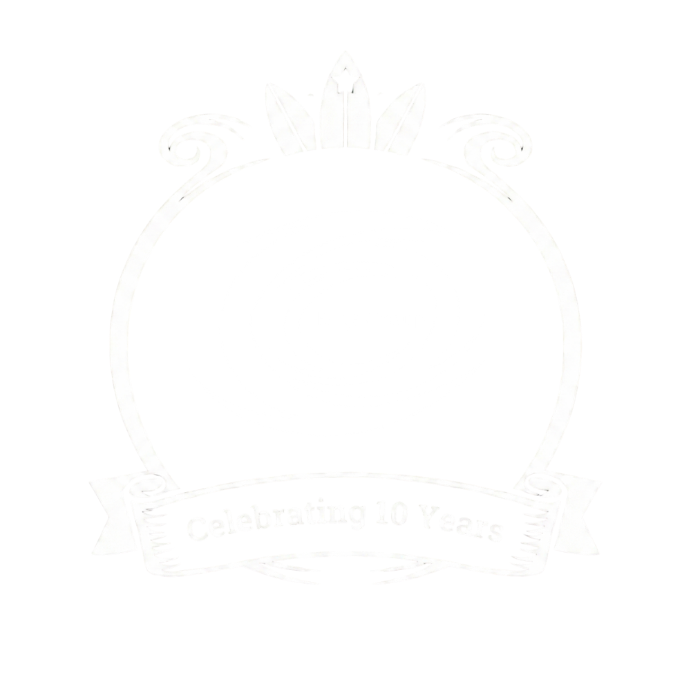 Logo of Edge Group with a swirl design, a banner stating 'Celebrating 10 Years,' and decorative feathers or leaves at the top.